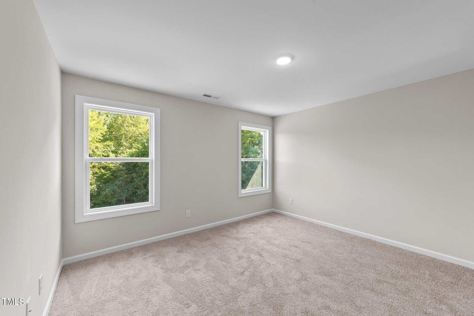 Empty beige carpeted room with two white-trimmed windows on the left wall, plain off-white walls, and a ceiling light centered above. Green trees are visible through the windows.