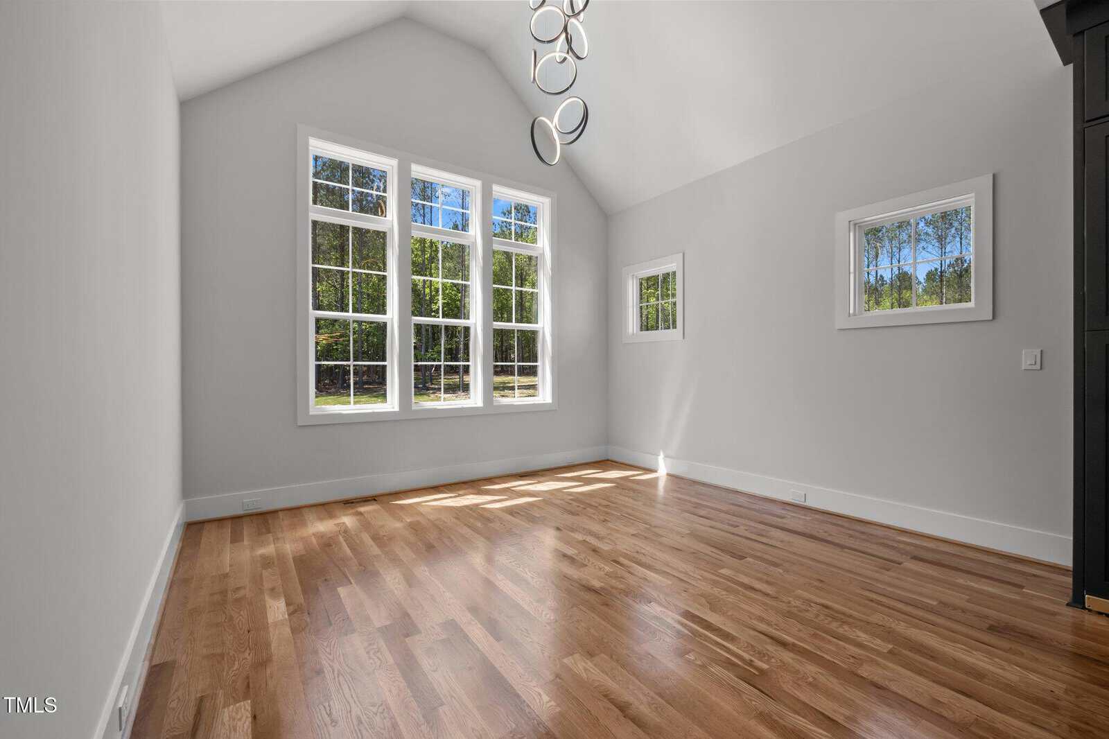 A bright, empty room with light gray walls, large windows letting in natural light, hardwood floors, a vaulted ceiling, and a modern circular light fixture. Trees are visible outside the windows.