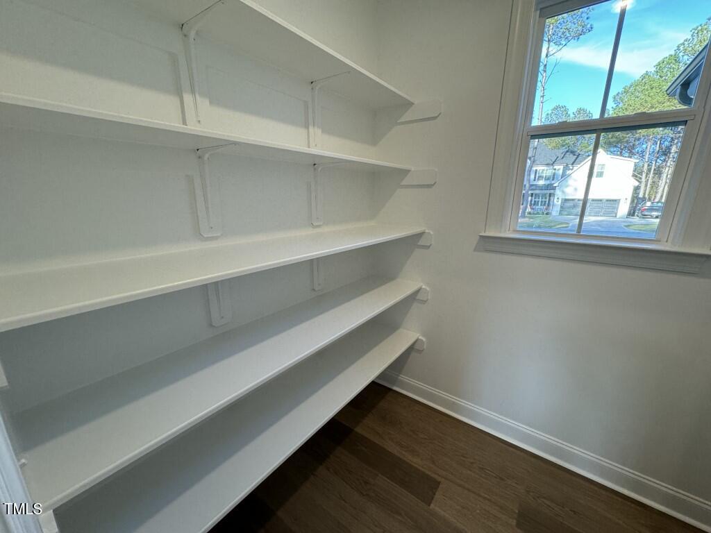 A small, bright pantry with white shelves on the left wall, a window on the right letting in sunlight, and dark wood flooring. Outside, houses and trees are visible through the window.