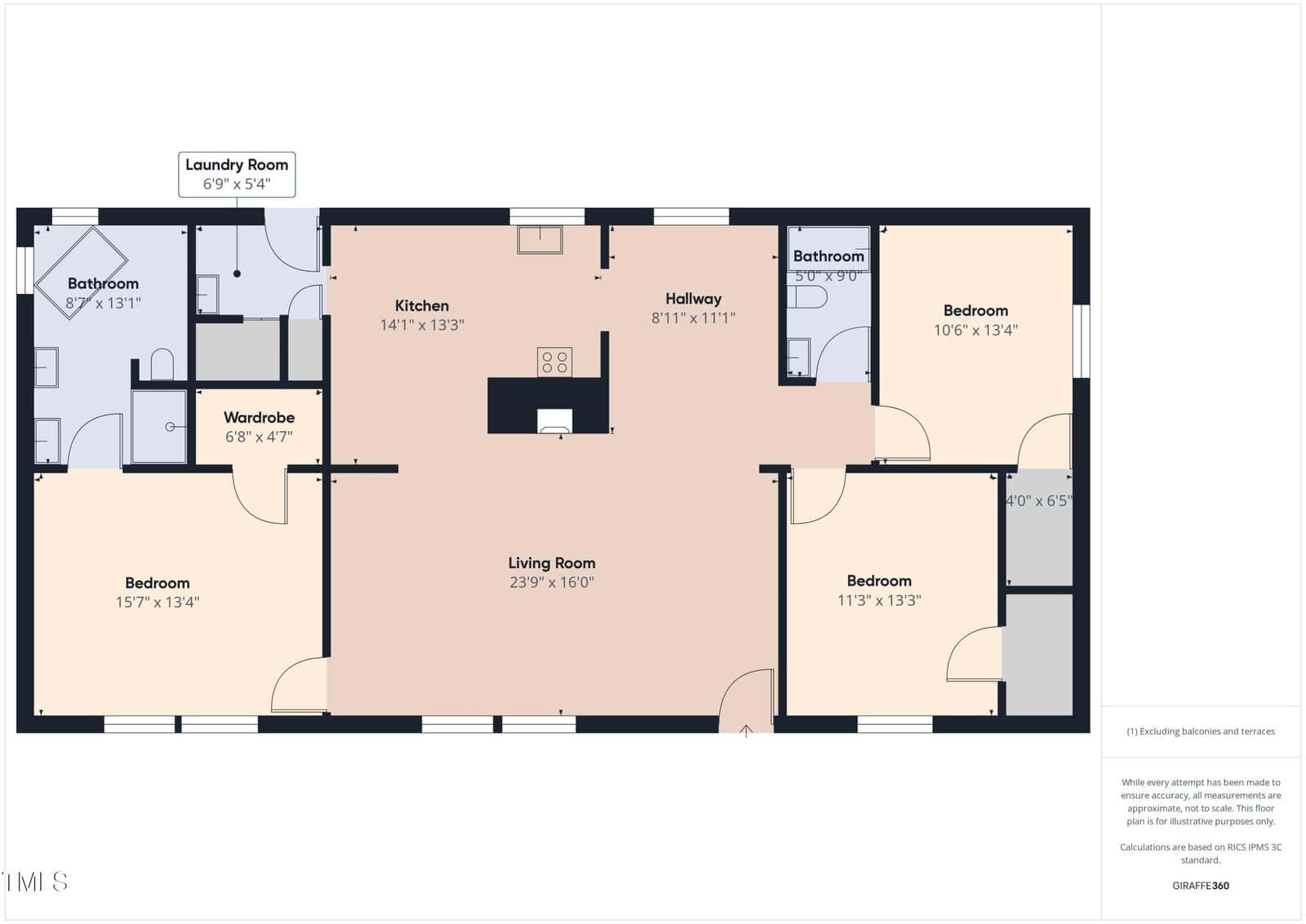 A floor plan showing a residence with a living room, kitchen, hallway, three bedrooms, two bathrooms, a laundry room, and a wardrobe space. The dimensions for each room are labeled in feet and inches.
