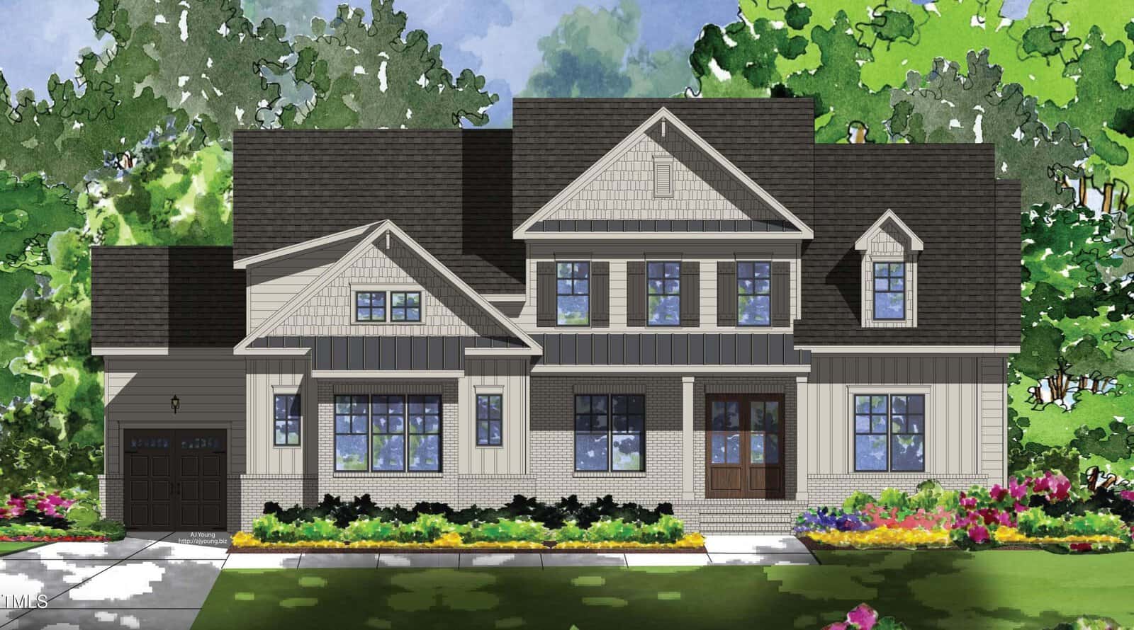 A two-story suburban house with a mix of brick and siding exterior, gabled rooflines, a single-car garage on the left, large windows, and a landscaped front yard with yellow and pink flowers. Trees are in the background.