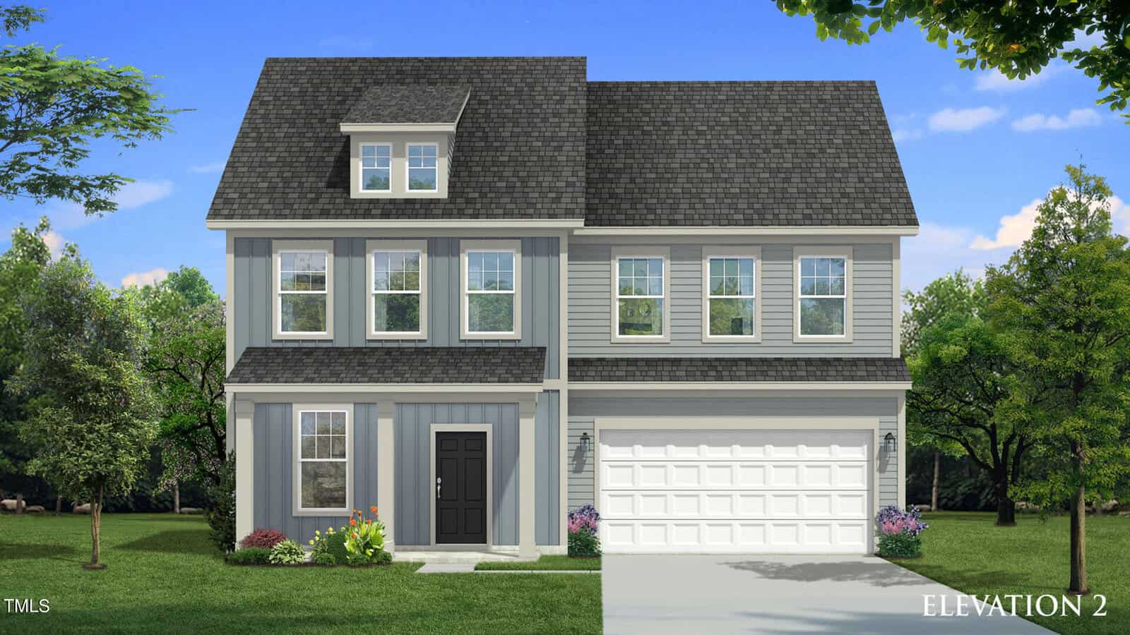 A two-story gray suburban house with white trim, a black front door, a double garage, and multiple large windows. The house is surrounded by grass, small plants, and trees under a clear blue sky.