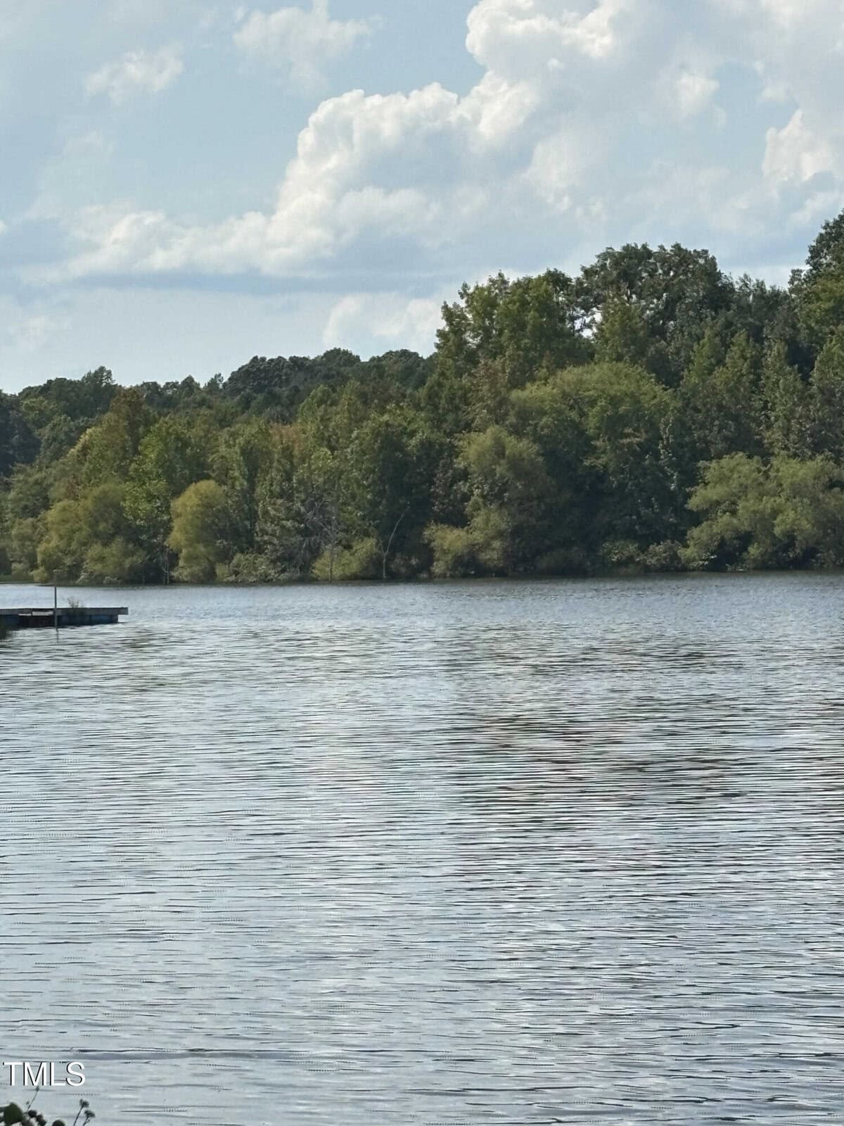 A calm lake scene with a wooden dock extending into the water. The lake is bordered by lush green trees. The sky is partly cloudy, reflecting in the water's surface.