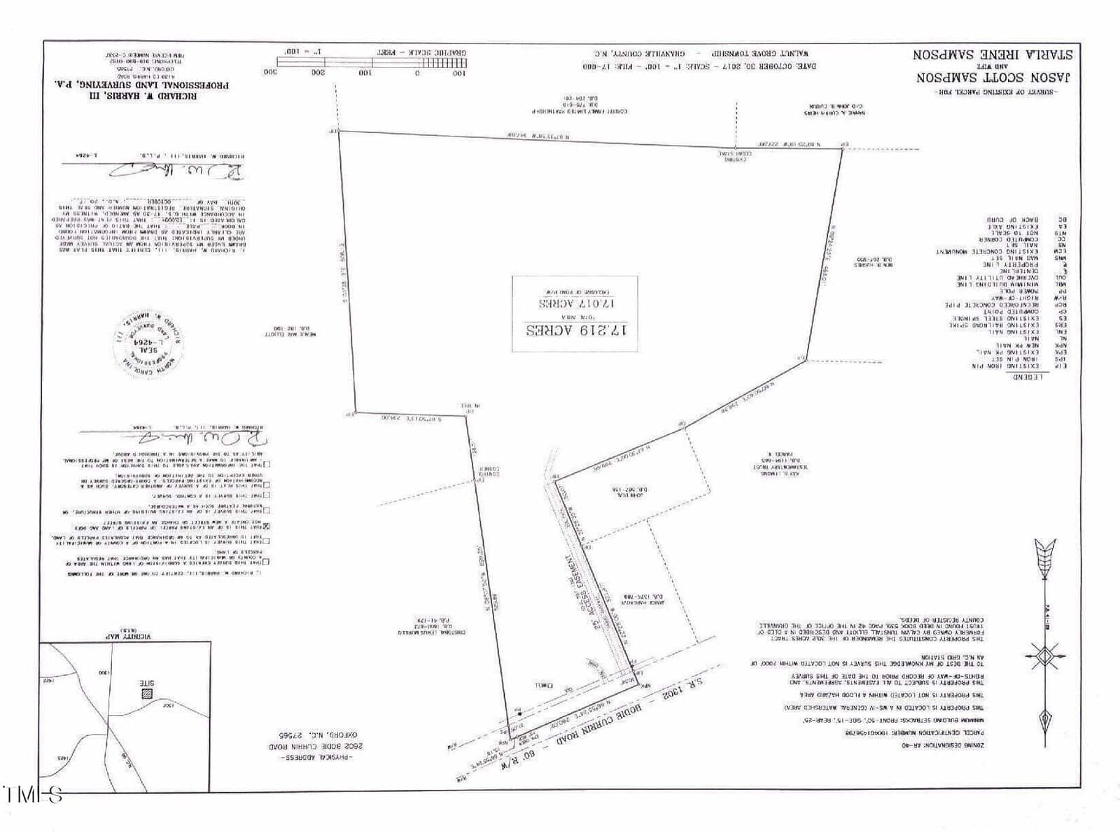 An inverted land survey map showing a property boundary of 17.219 acres. It includes plot dimensions, bearings, and a small location map. Various notes and certifications are present around the edges.