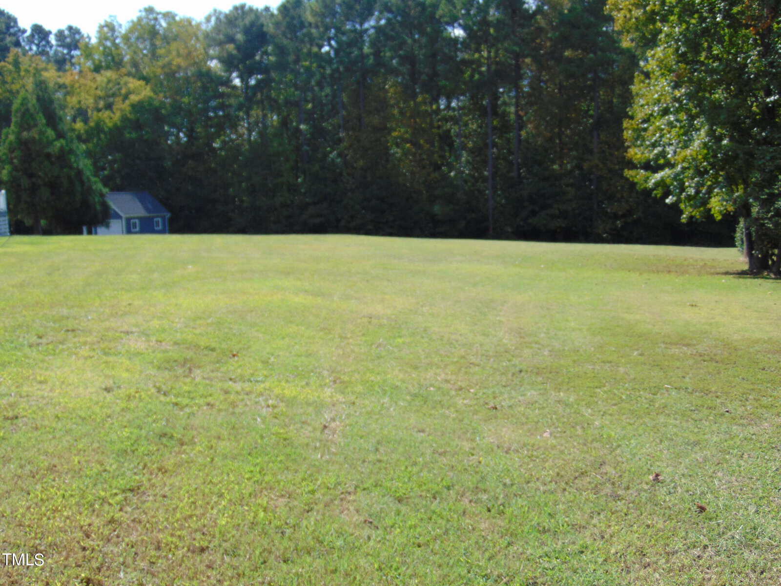 A spacious, grassy field bordered by trees under a clear sky at 12 Skippers Landing. A small gray shed, reminiscent of a rustic Manson style, is visible in the left background, surrounded by vibrant greenery.