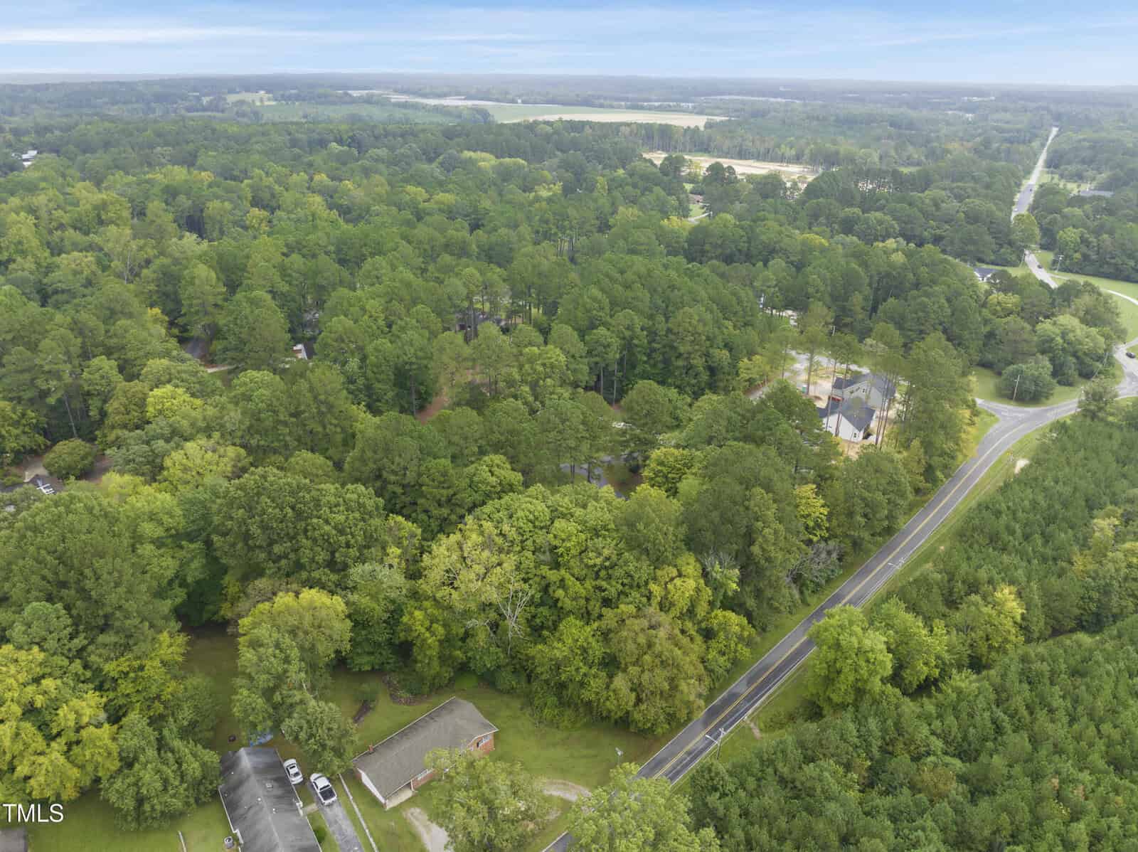 Aerial view of a rural area with dense green trees, a few houses, and a road winding through the landscape under a cloudy sky.