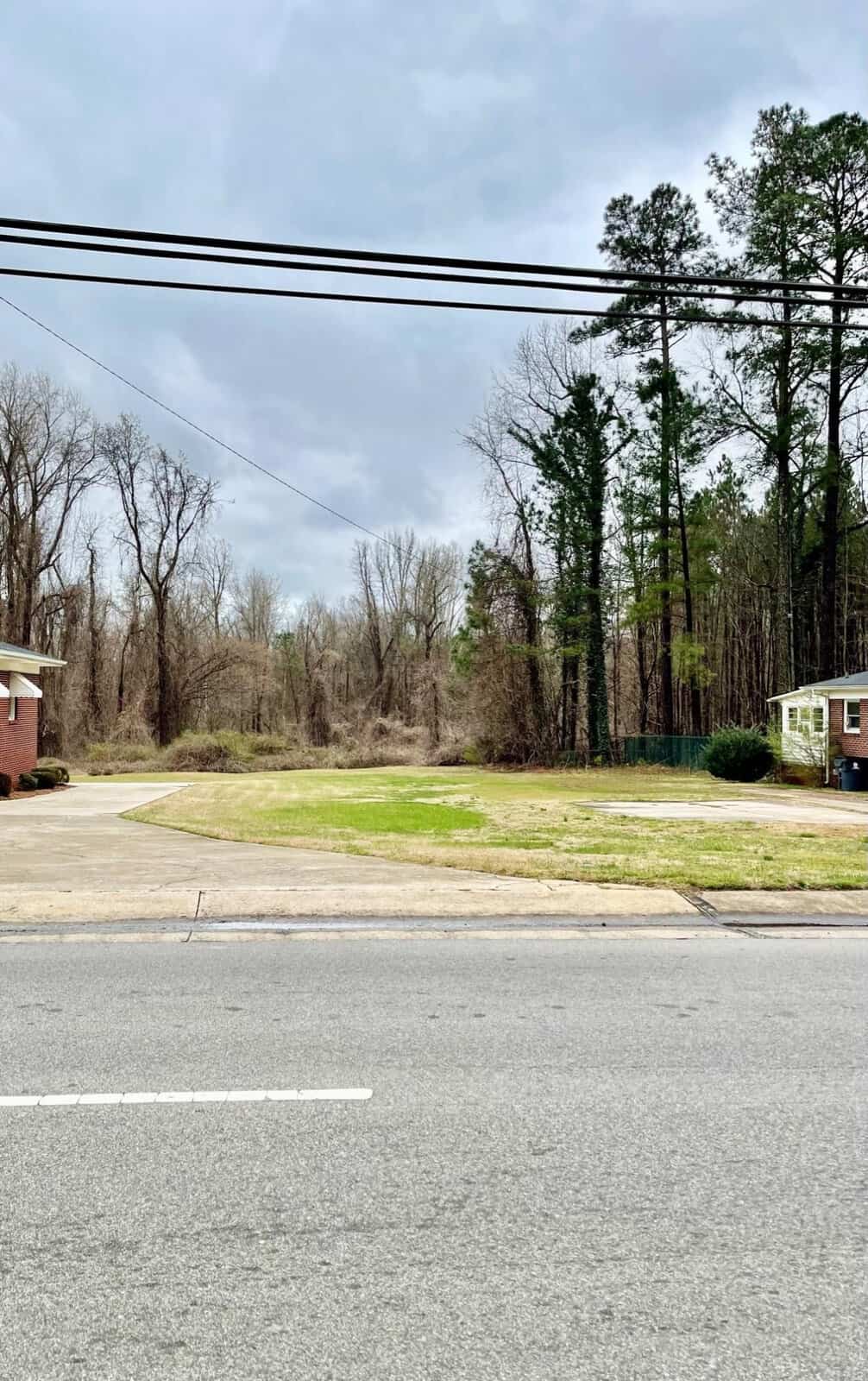 A residential area with two brick houses on either side of an empty, grassy lot. There is a two-lane road in the foreground and leafless trees and tall pine trees in the background under an overcast sky. Power lines cross the image horizontally.