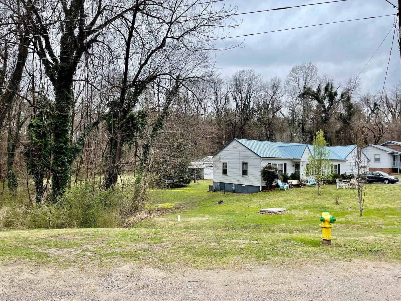 A small white house with a blue metal roof sits on a grassy yard. The property is bordered by leafless trees, and a few other houses are visible in the background. There is a yellow fire hydrant in the foreground near the road.