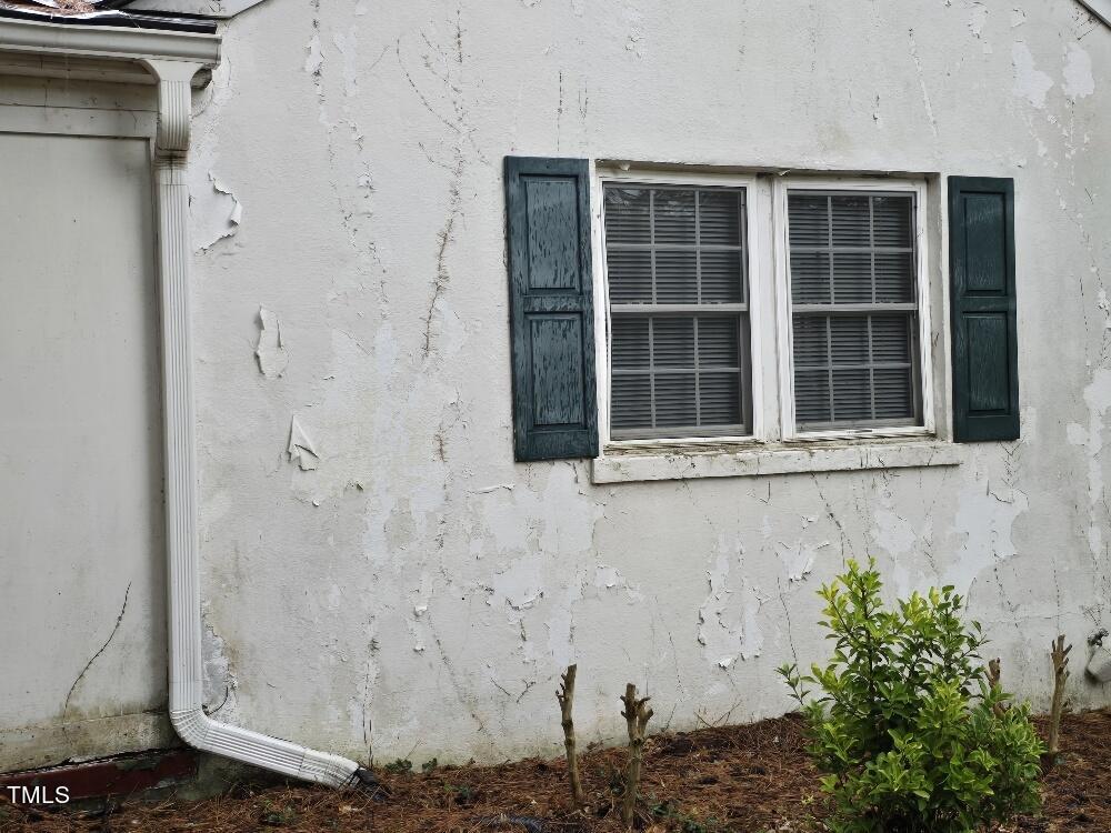An exterior wall of a house with peeling white paint. There is a set of windows with closed blinds, framed by green shutters. A white downspout runs down the corner of the wall, and a small green shrub sits in the mulch bed below the window.