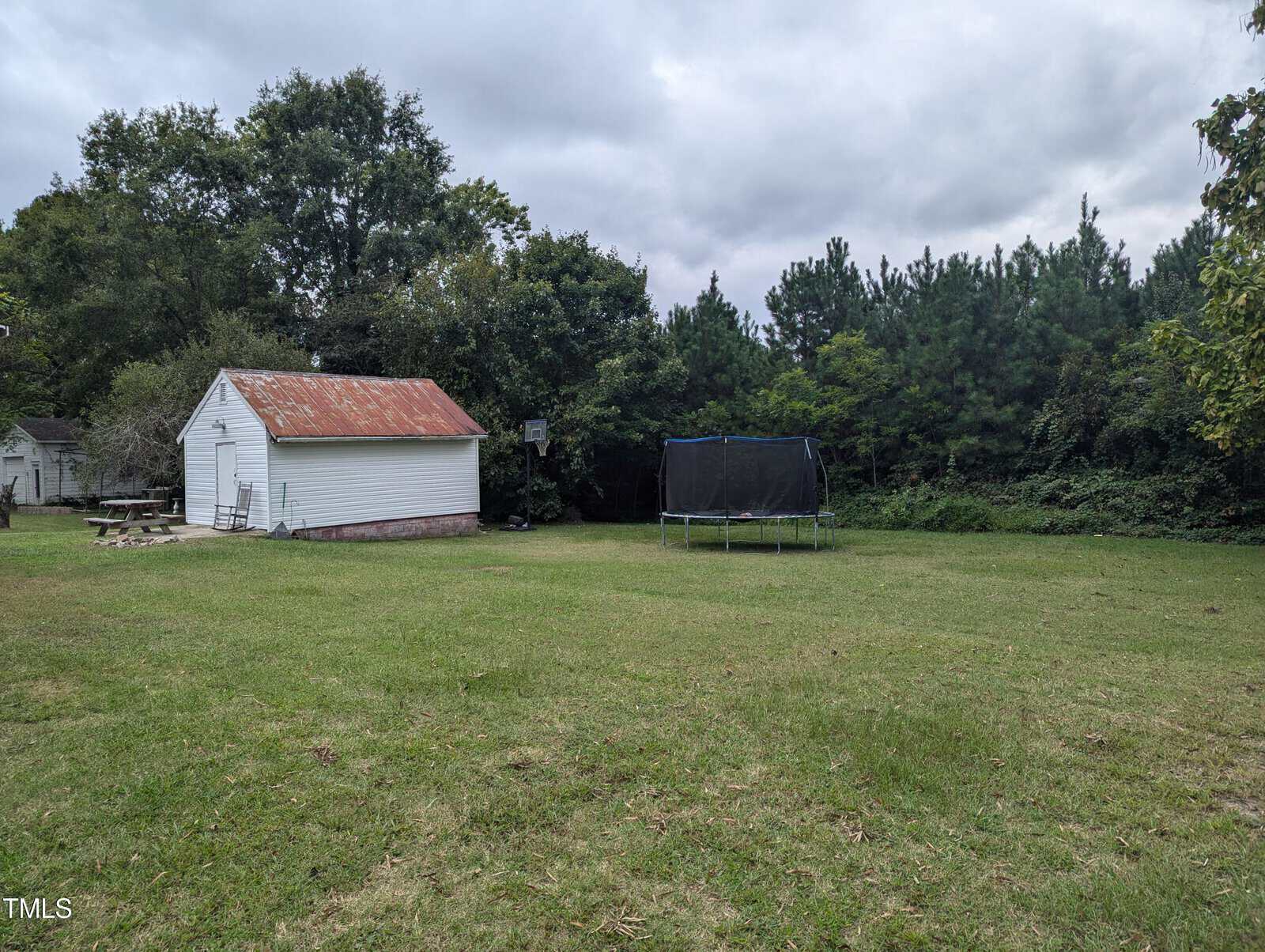 The image shows a spacious yard with a grassy lawn. On the left is a small white shed with a rusted metal roof. In the middle right of the picture is a black trampoline. Tall trees and shrubbery line the back of the yard under a cloudy sky.
