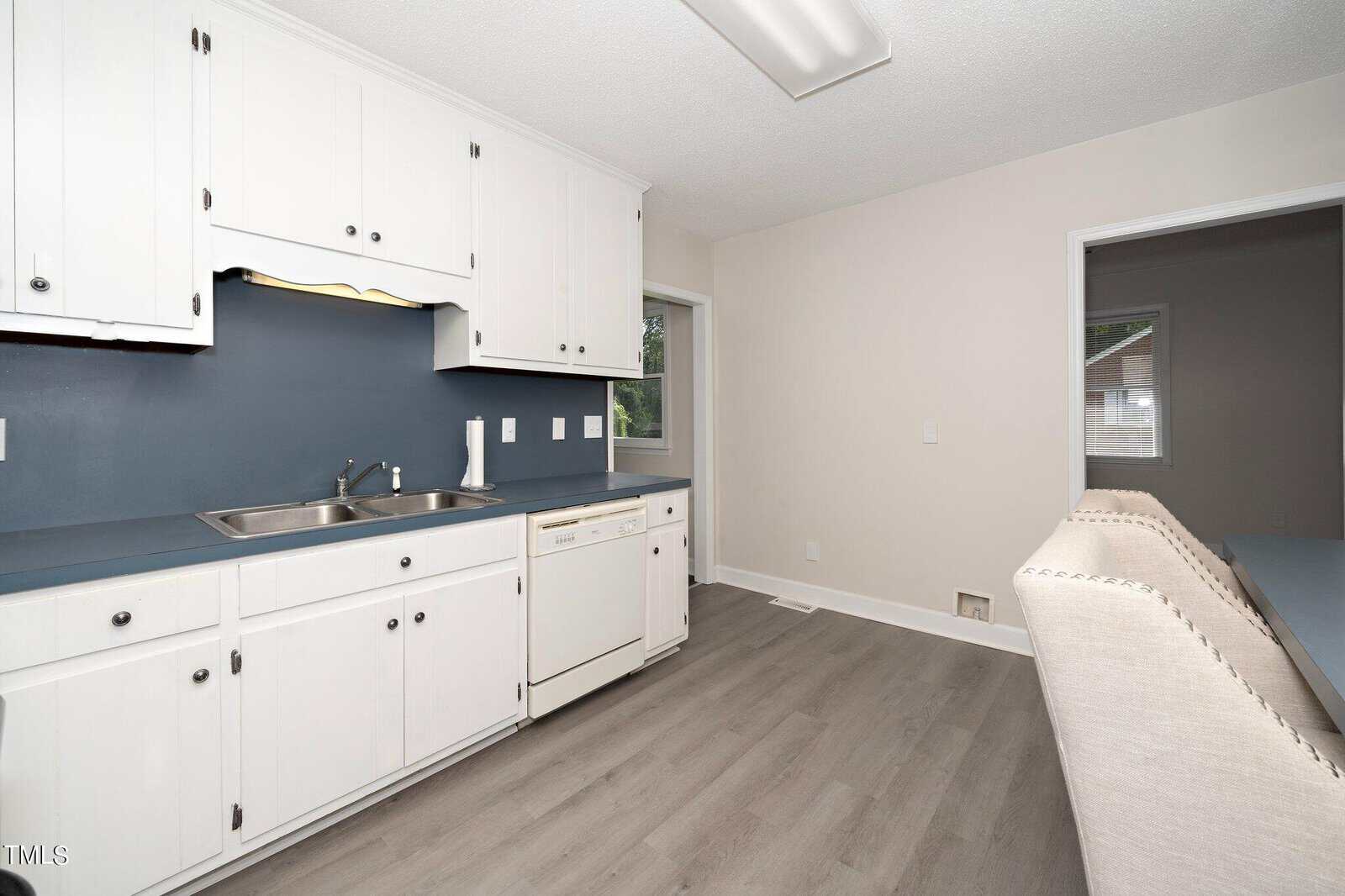 Kitchen interior with white cabinets, blue backsplash, and a double sink. A dishwasher is beside the sink, and there's a cut-out view into another room. The floor is light gray wood, and a portion of a beige couch is visible in the foreground.
