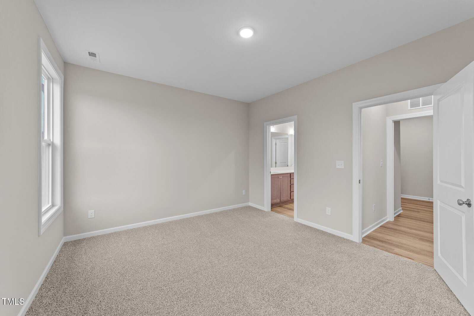 Empty bedroom with beige carpet, light gray walls, a window on the left, and a ceiling light. An open door leads to a bathroom with a vanity, and another door leads to a hallway with wood flooring.