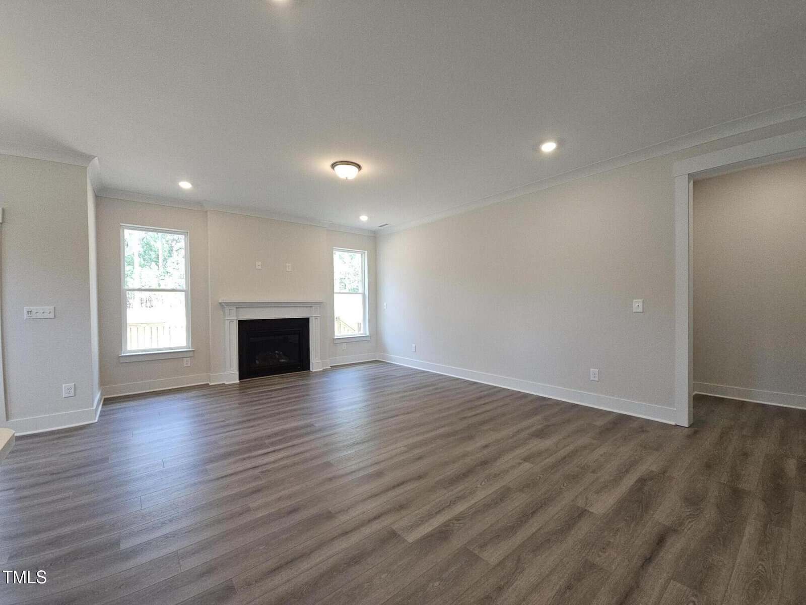 A spacious, empty living room with light gray walls, wood-style flooring, a ceiling light, two windows, and a black fireplace with a white mantle. The room is well-lit by natural light.