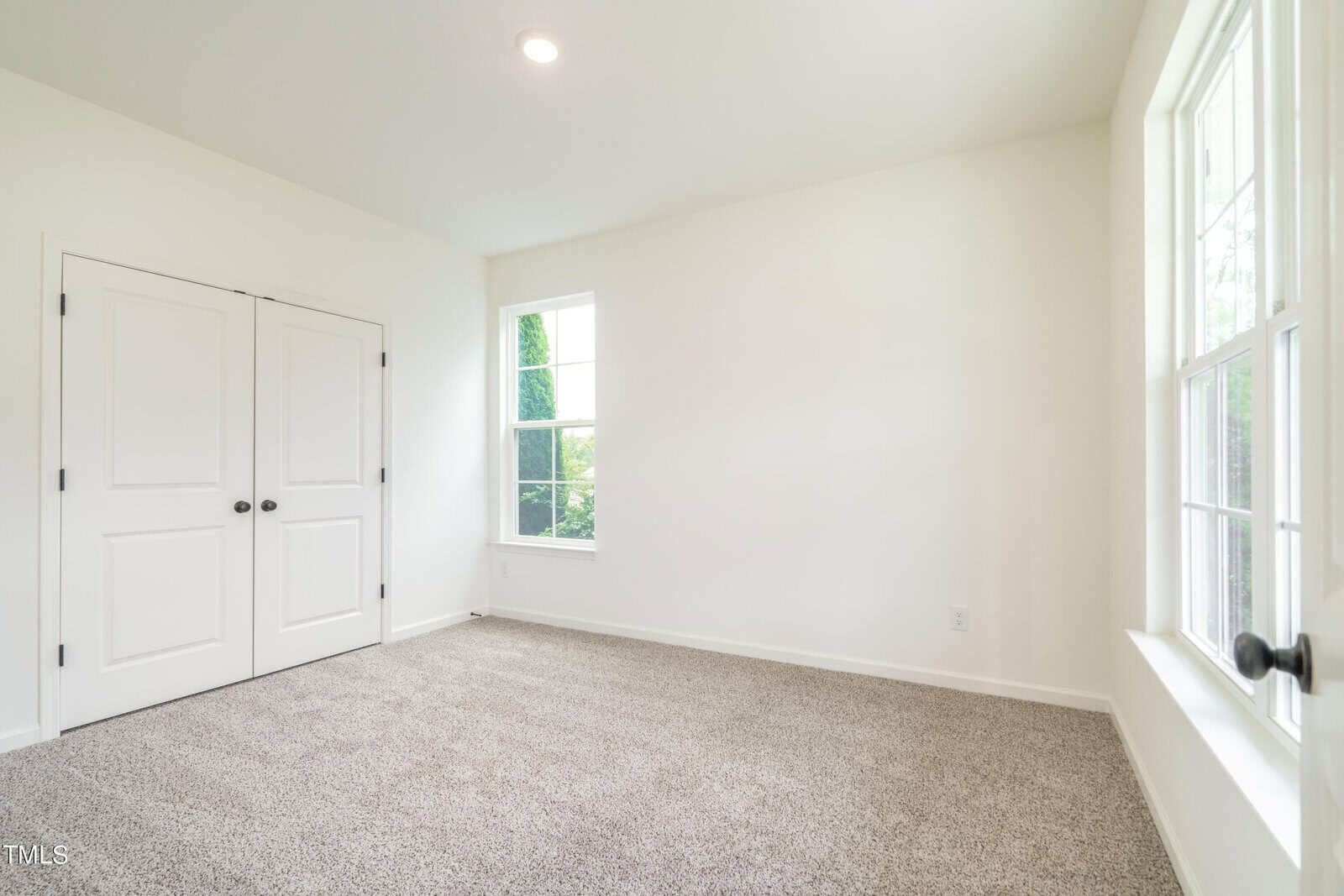 A bright, empty room with white walls, two large windows, double white doors with black handles, and beige carpet flooring. Natural light enters through the windows, illuminating the space.