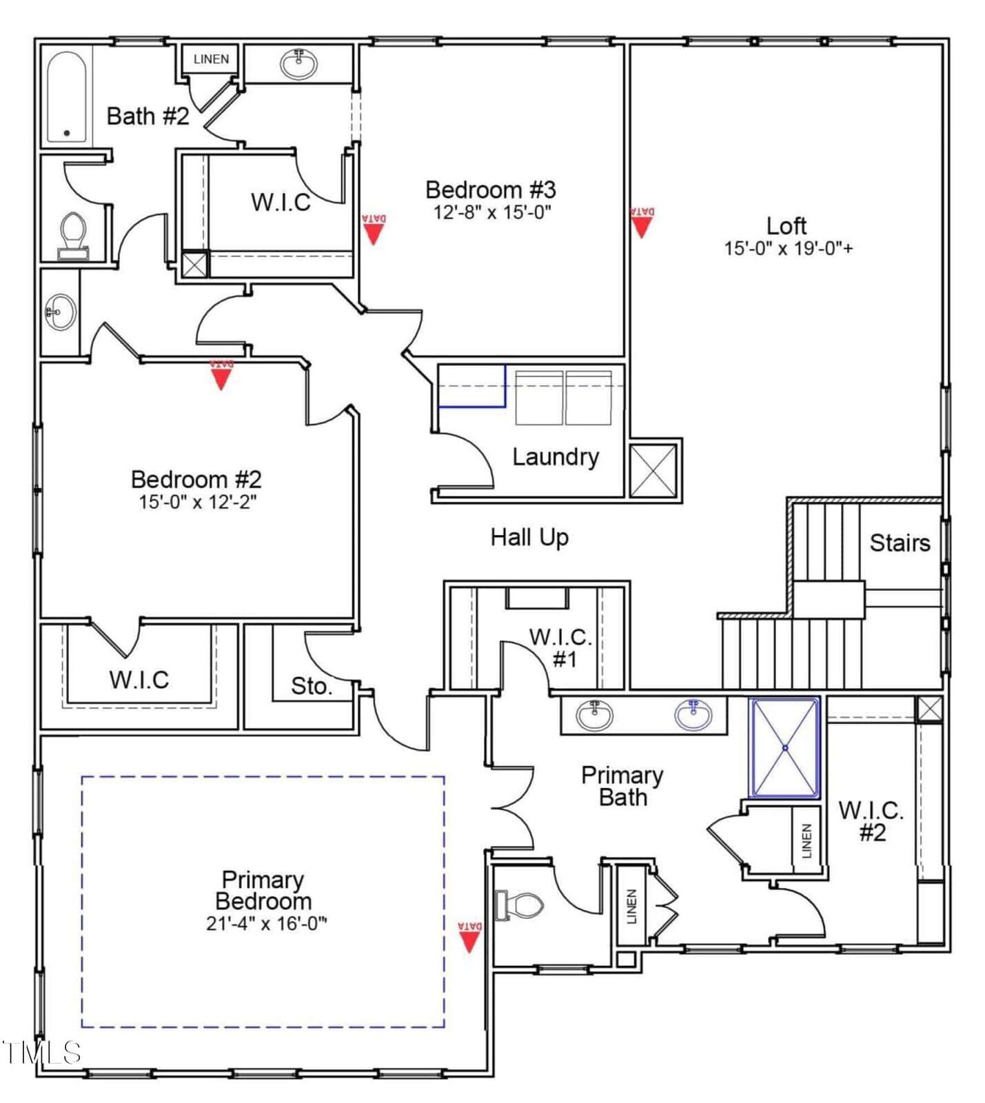 Floor plan of a house showing three bedrooms, a loft, two bathrooms, laundry room, and multiple walk-in closets. The primary bedroom features an en suite bath and two walk-in closets. Stairs and hallways connect all rooms.
