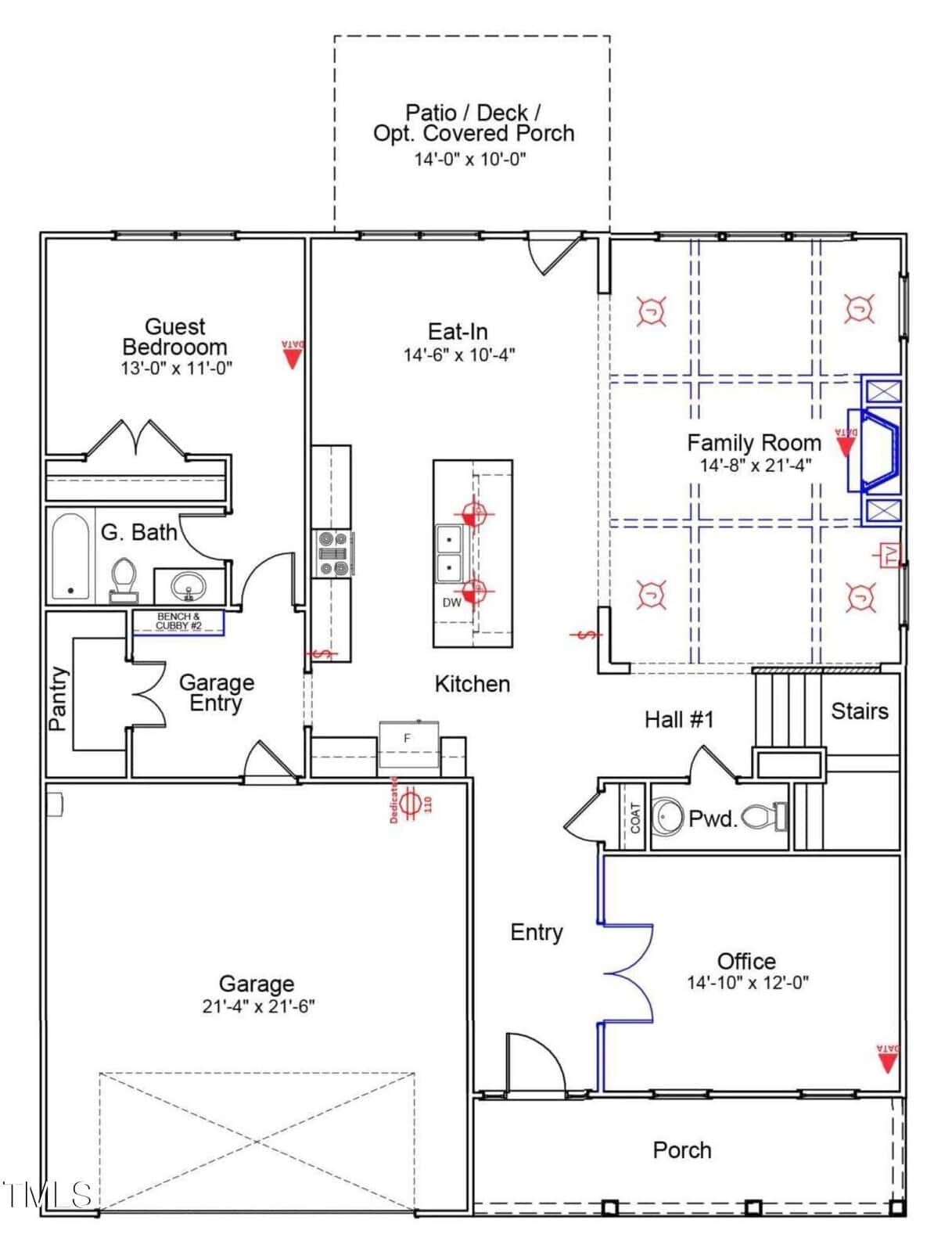 Floor plan of a house showing rooms labeled as guest bedroom, bathroom, garage, kitchen, eat-in area, family room, office, two porches, stairs, entry, hall, and powder room, with dimensions provided for each space.