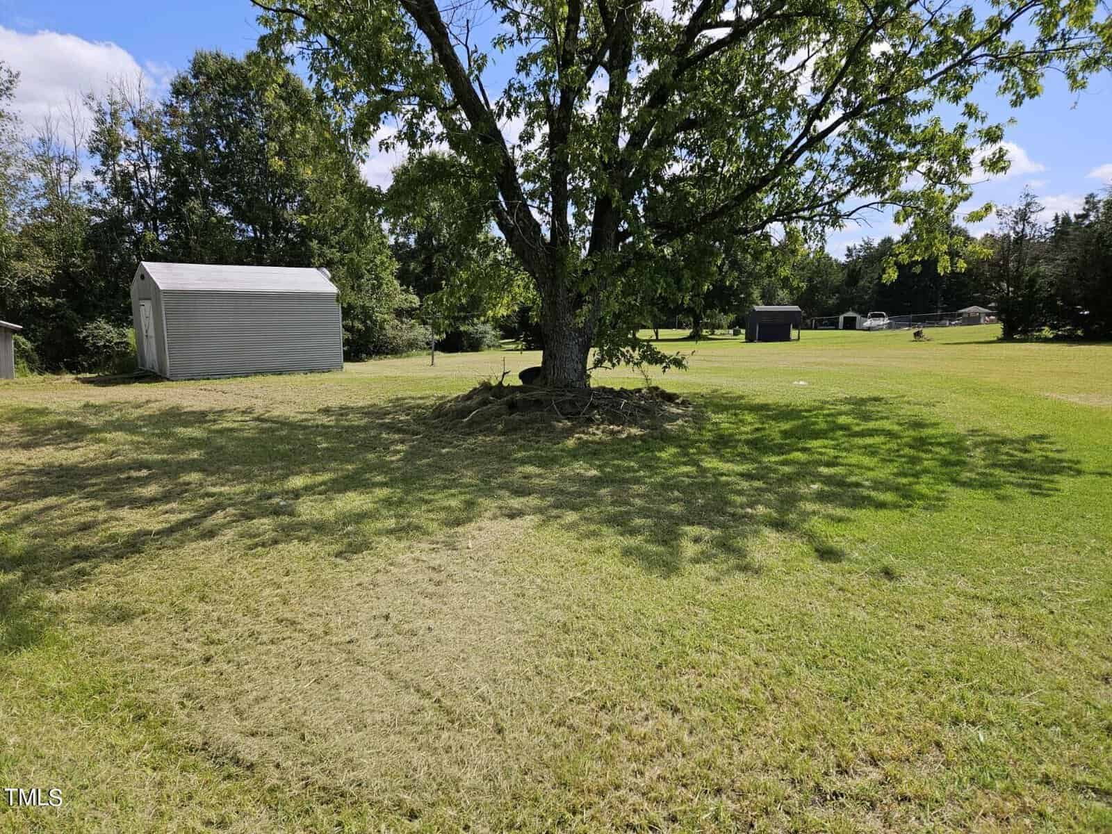 A grassy yard with a large tree at the center, casting a shadow. A small shed is on the left side of the image. More trees and an open field can be seen in the background. The sky is partly cloudy and it is a sunny day.