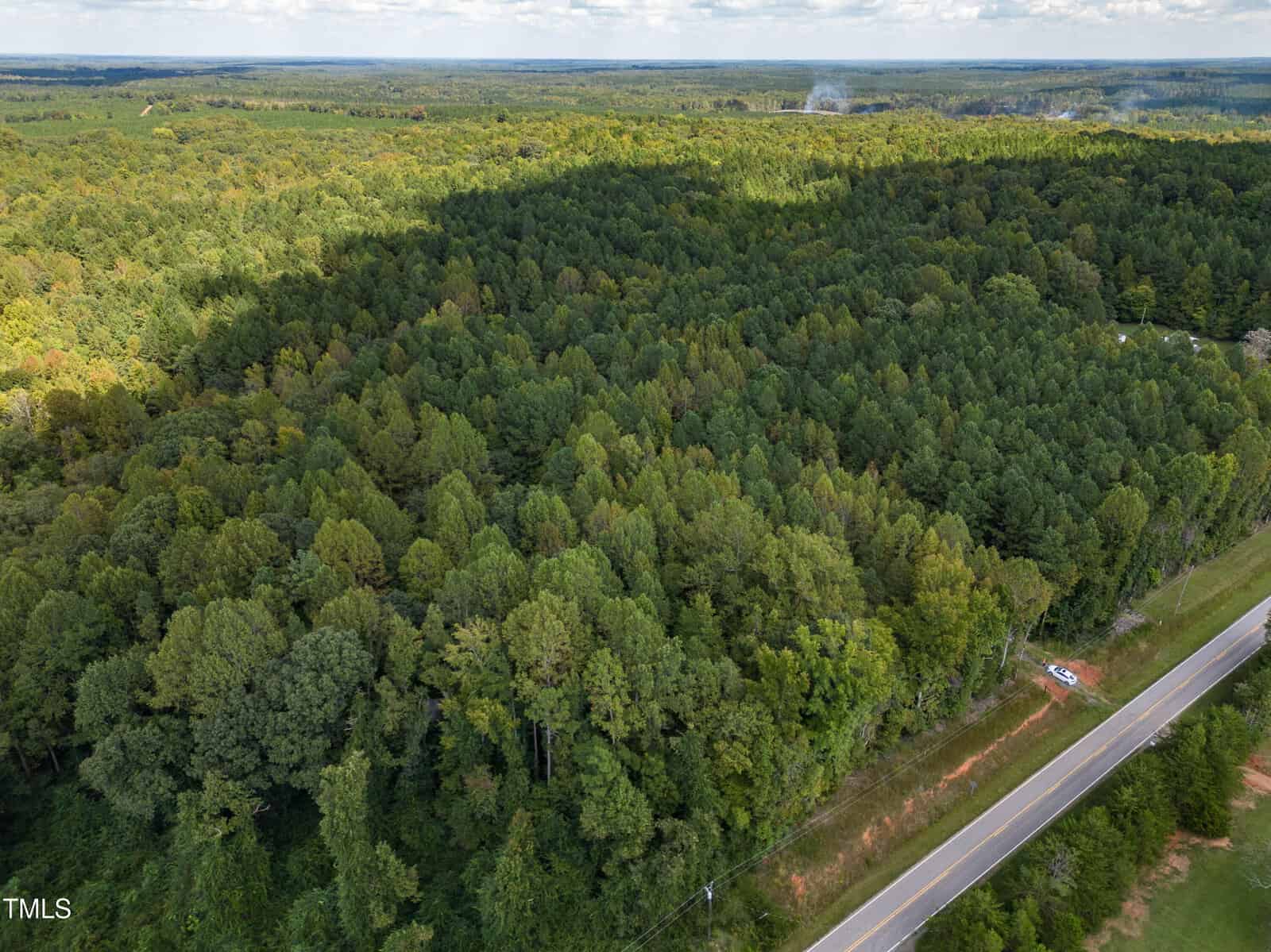 Aerial view of a dense, green forest with a road running along the edge. A small white car is parked on a dirt path near the road. The sky is partly cloudy, casting shadows over the trees. Smoke rises in the distance.