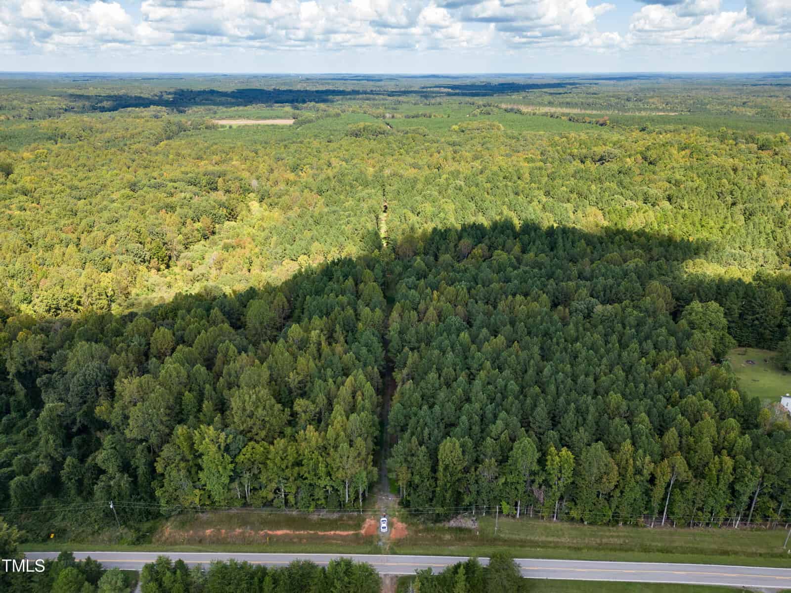 Aerial view of a densely forested area with a clearing running through the center. A road borders the forest at the bottom, with a single vehicle parked near the edge. The sky is partly cloudy.