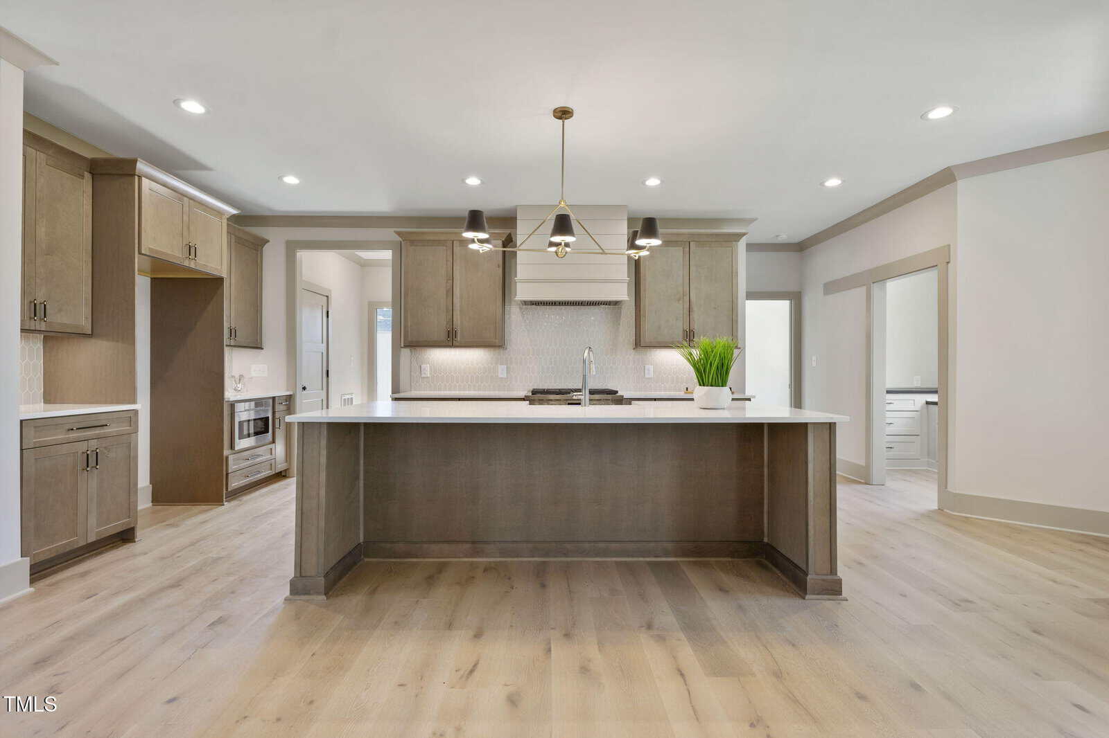 Modern kitchen with light wood flooring, a large central island with dark wood base, light gray cabinets, stainless steel appliances, a white tile backsplash, ceiling lights, and a green plant on the island.