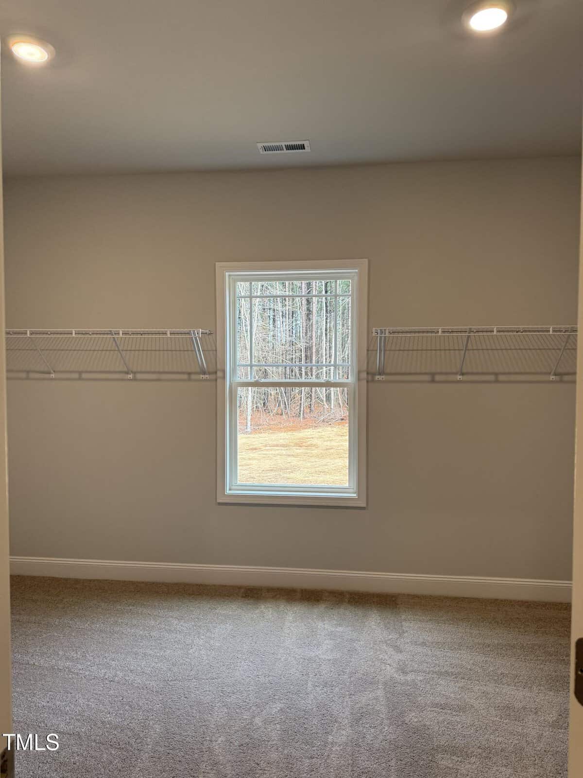 A carpeted walk-in closet with beige walls, wire shelving on three sides, a window in the center, and a view of trees and grass outside. Ceiling light is on.