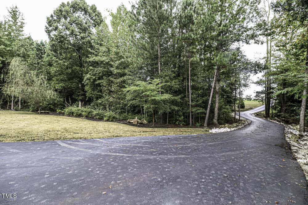 A paved driveway curves through a wooded area with tall trees and a grassy lawn on the left, leading into the distance under an overcast sky.
