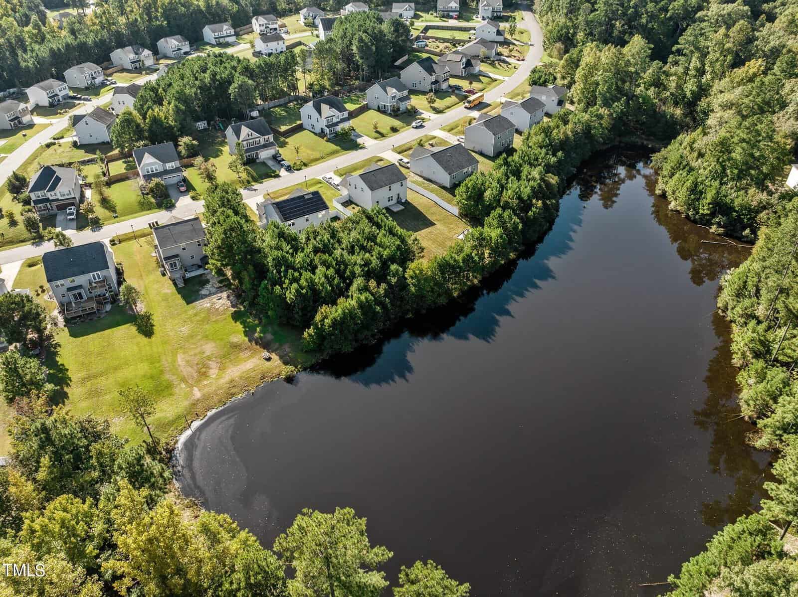 Aerial view of a residential neighborhood featuring a row of houses with yards along a curved street. A large, tree-lined pond is visible on one side, reflecting the surrounding greenery under a clear sky.