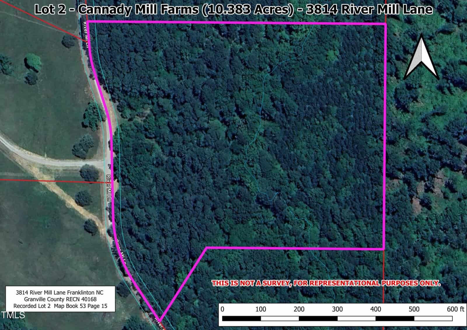 Aerial view of a wooded area outlined in pink, labeled Lot 2 - Cannady Mill Farms, 10.383 acres, near 3814 River Mill Lane, Franklinton. A road runs along the left side. A note states, "This is not a survey, for representational purposes only.