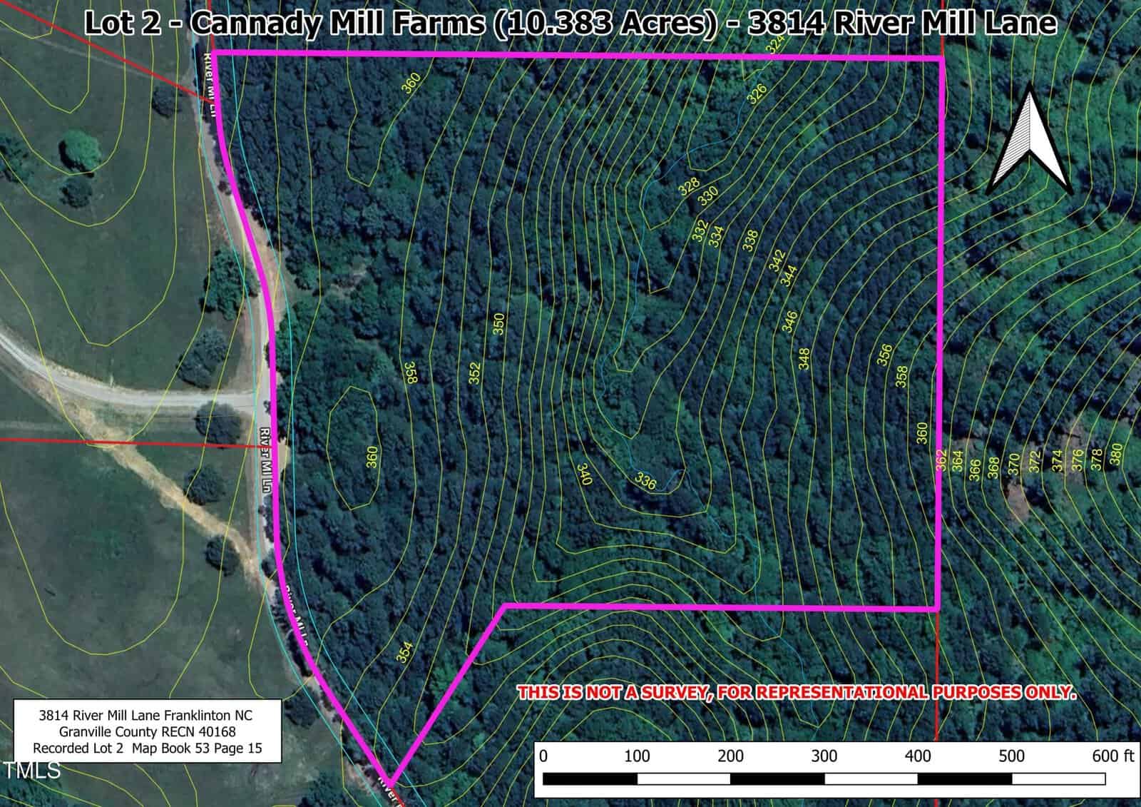 Aerial view of a wooded area labeled Lot 2 - Cannady Mill Farms. Contour lines and elevation markers are visible. A pink boundary outlines the property. A label at the bottom reads "This is not a survey, for representational purposes only.