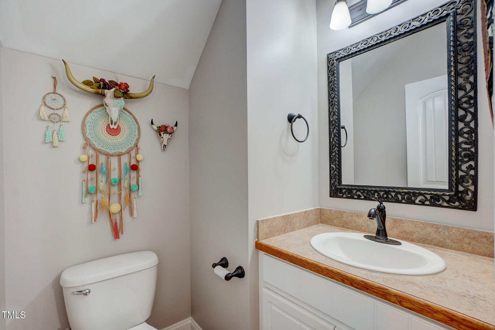 A bathroom with a white toilet and a sink with a black faucet. Decorative dreamcatchers and a bull skull hang above the toilet. A large mirror with a black ornate frame is above the sink.