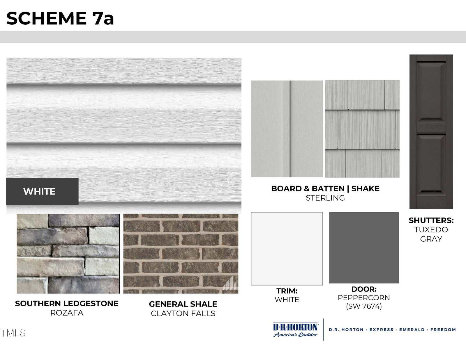 Design board labeled "SCHEME 7a" showing white horizontal siding, light gray vertical board and batten, dark gray shutters, white trim, a dark gray door, multicolor stone, and brown brick options.