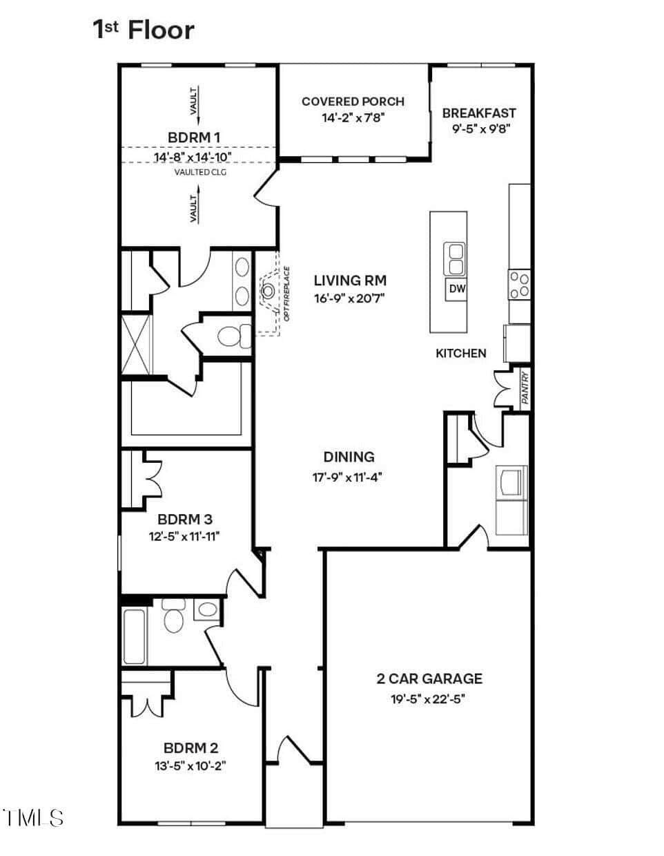 Black and white floor plan of a single-story house with three bedrooms, two bathrooms, a kitchen, dining area, living room, breakfast nook, covered porch, laundry area, and two-car garage. Rooms are labeled with dimensions.