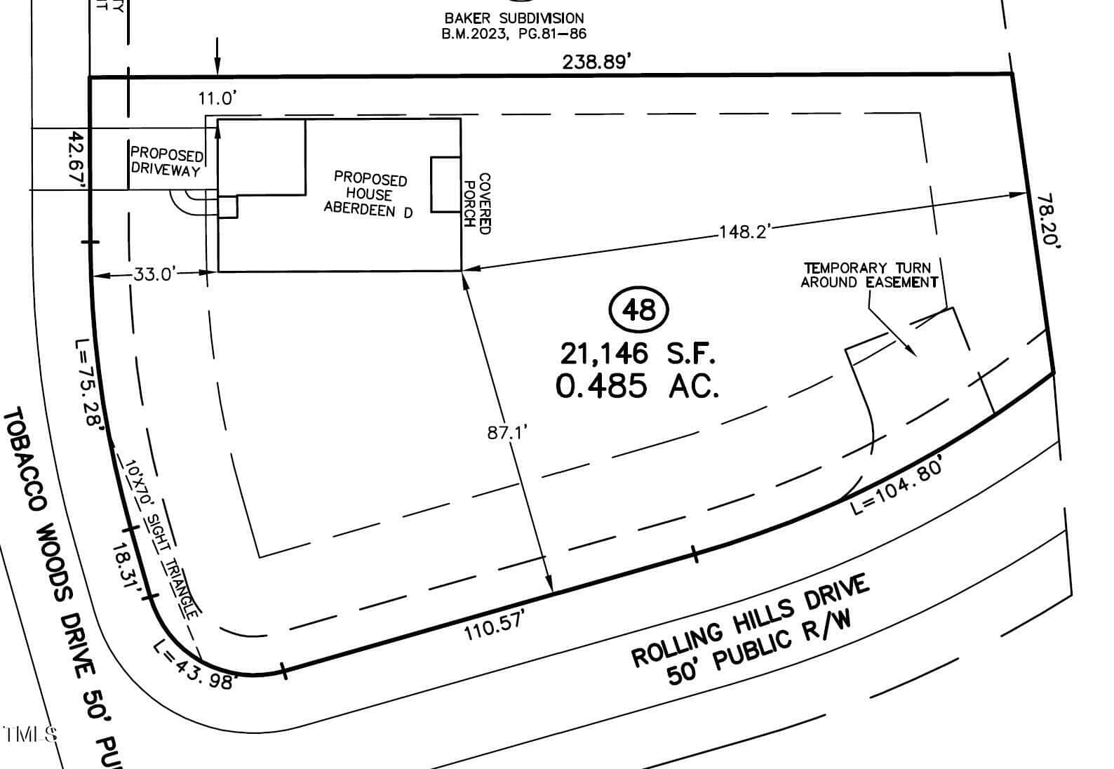 A site plan shows a proposed house with a driveway on a 21,146 sq. ft. (0.485 acre) lot at the corner of Tobacco Woods Drive and Rolling Hills Drive, including setback lines and a temporary turn around easement.