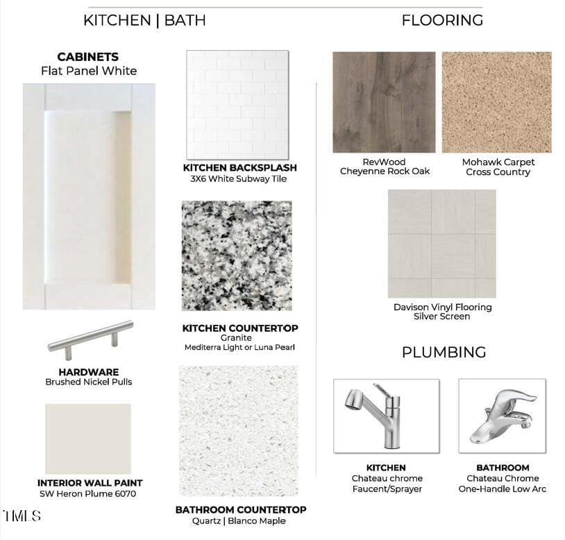 A design board displays white flat panel cabinets, subway tile backsplash, granite and quartz countertops, brushed nickel hardware, taupe wall paint, neutral carpet and vinyl flooring, and chrome kitchen and bathroom faucets.