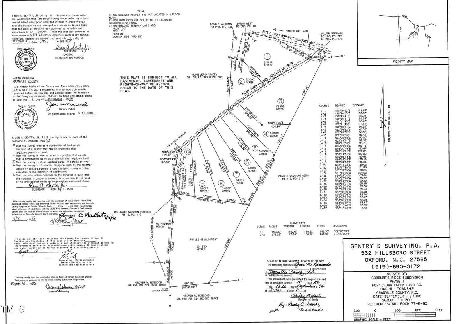 A detailed land survey plat showing lot boundaries, measurements, and angles. Includes certification stamps, labels for lot numbers, and various annotations. The surveyor's contact information is at the bottom right. .