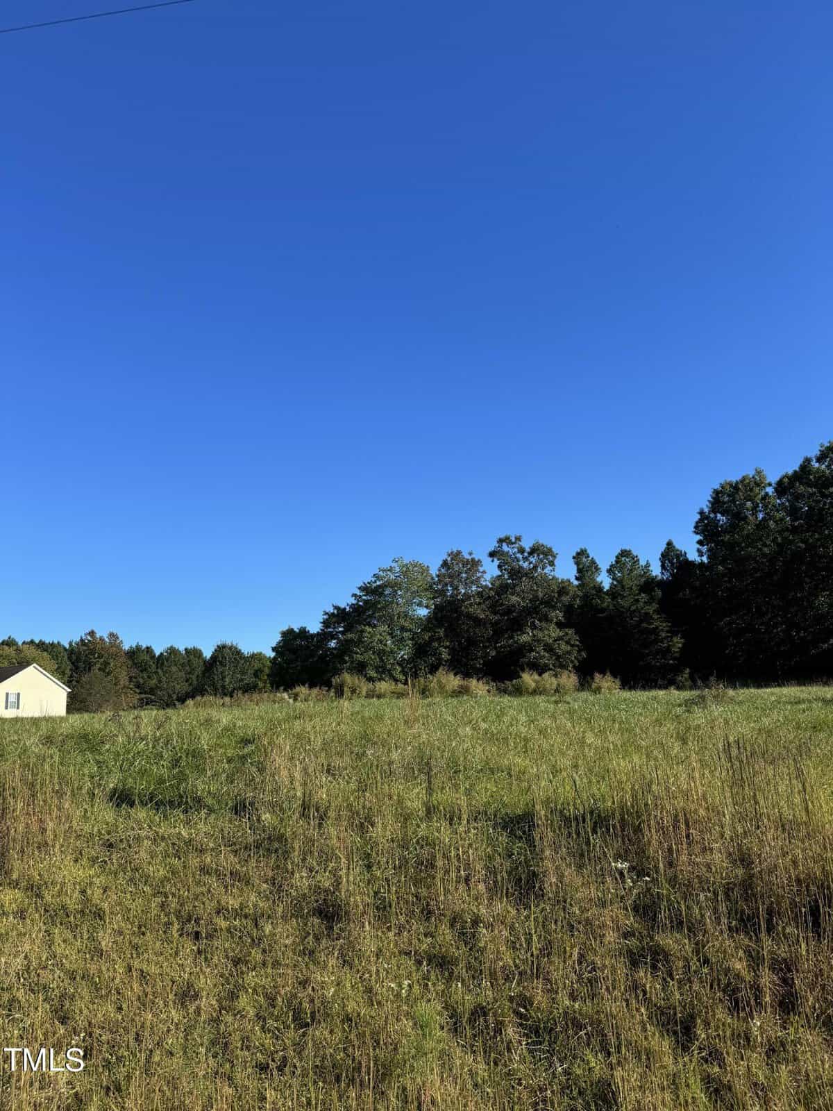 A grassy field is shown in the foreground, with a small beige house partially visible to the left. Trees line the background under a clear blue sky.