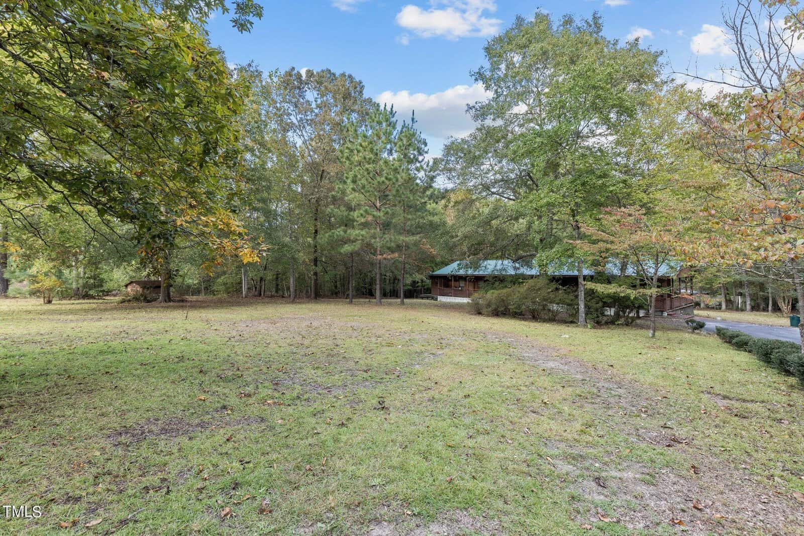 A rustic, single-story house with a metal roof sits partially hidden among tall trees, surrounded by a grassy yard and a dirt driveway on a clear day.