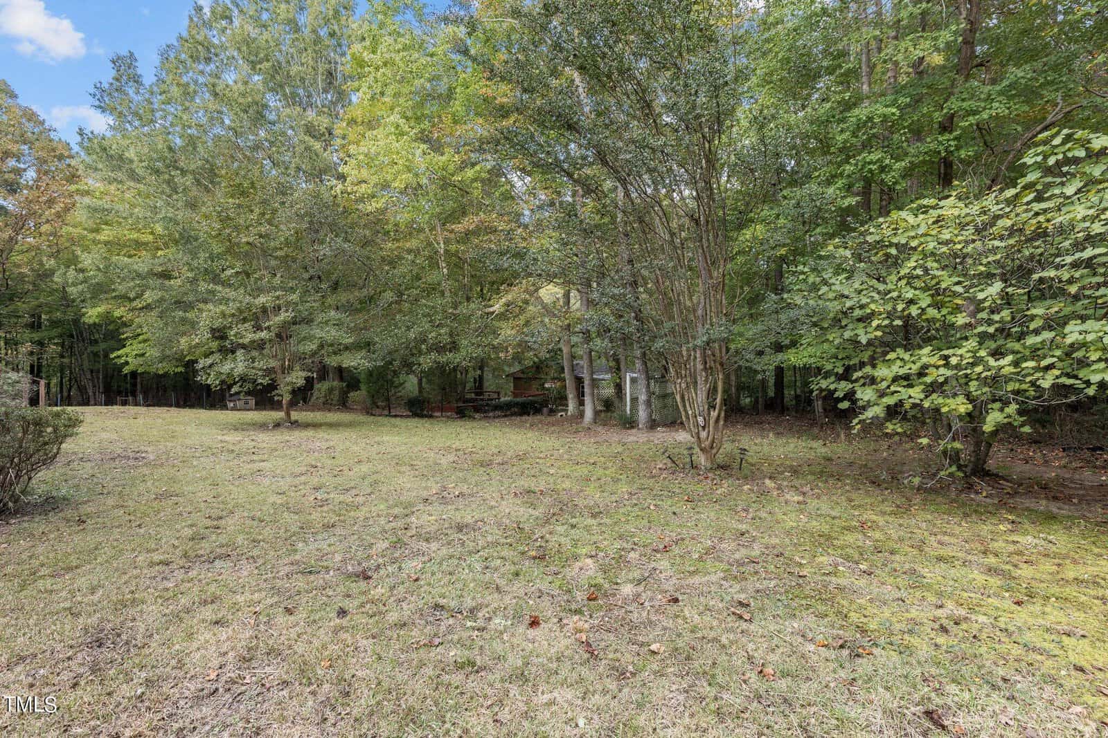 A grassy yard bordered by trees with dense foliage, with a wooden house partially visible in the background among the trees under a partly cloudy sky.