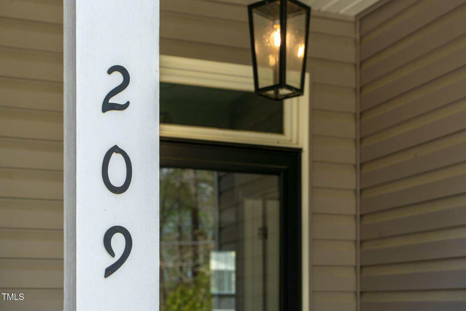 Close-up of a house porch showing the number 209 mounted vertically on a white column, with a black framed glass door and a rectangular lantern-style light fixture above.