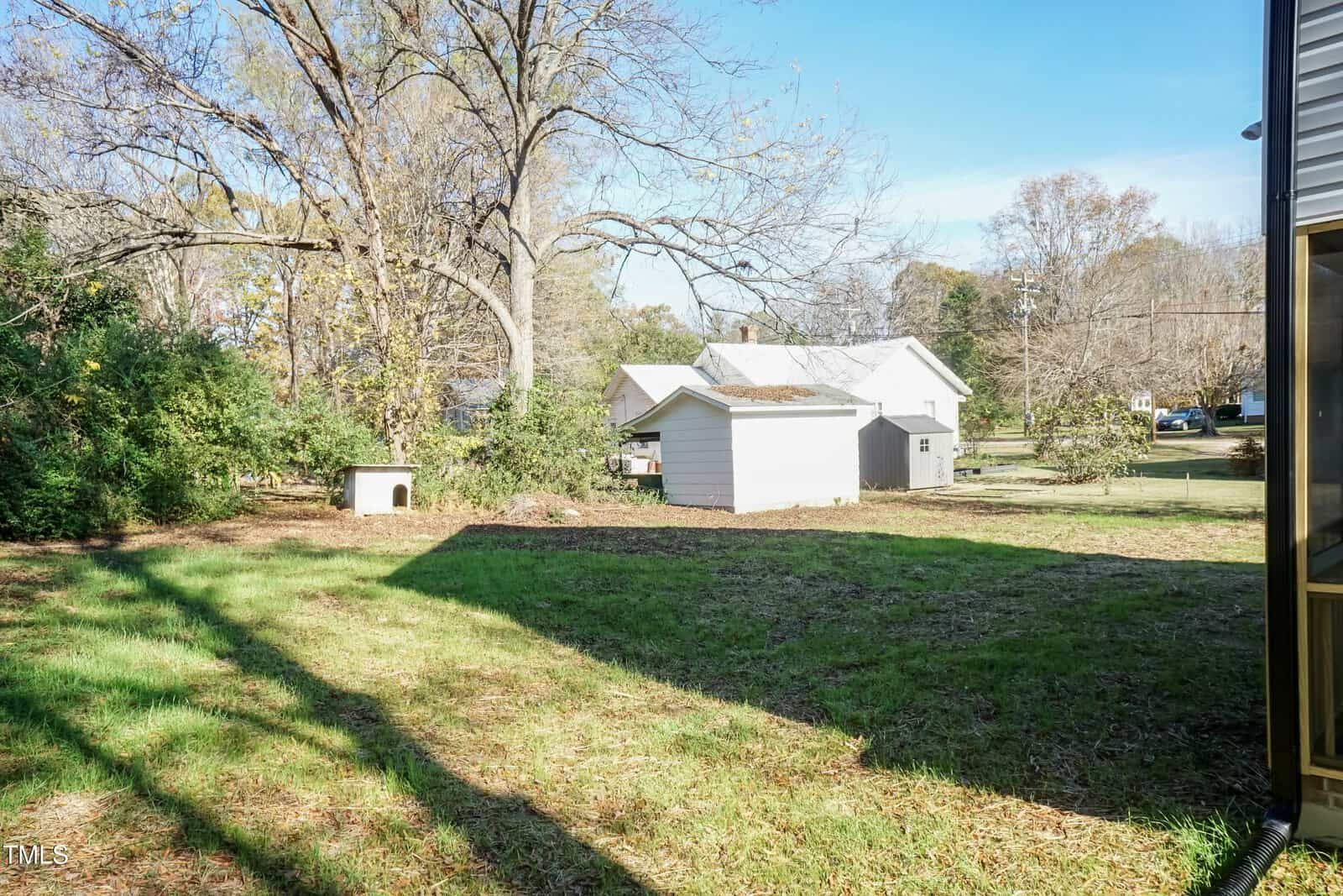A backyard with green grass, a large tree with sparse leaves, a small white shed, and a few other houses in the background under a clear blue sky.