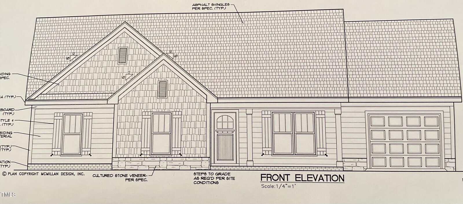 Architectural blueprint of a single-story house front elevation at 107 Railroad Avenue. It features a gable roof, garage on the right, and a central front door. Details include siding specifications and material notes. Scale is 1/4 inch equals 1 foot, showcasing classic Oxford style.