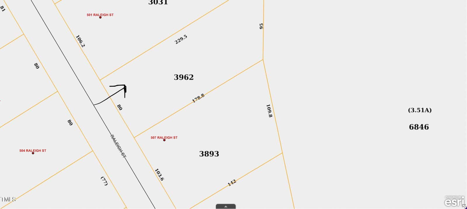 A map showing parcel numbers 3962, 3893, and 6846 along Sir Ralph St. The map includes lot boundaries and measurements in feet, with an arrow pointing north. An Esri logo is at the bottom right.