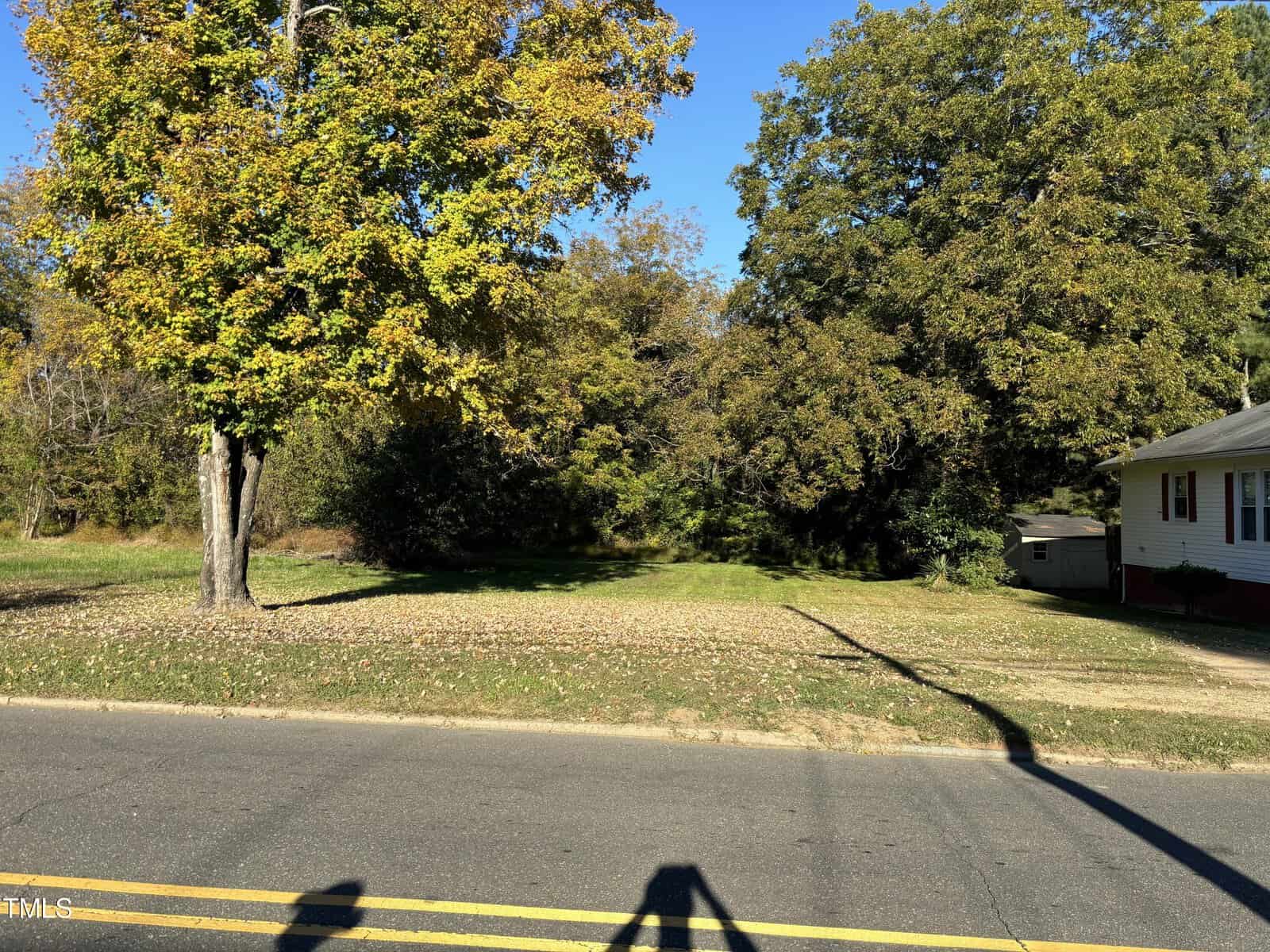 A grassy vacant lot bordered by large trees under a clear blue sky. A sidewalk and road run in front, with the edge of a white house partially visible on the right. Shadows from the trees and nearby objects stretch across the asphalt.