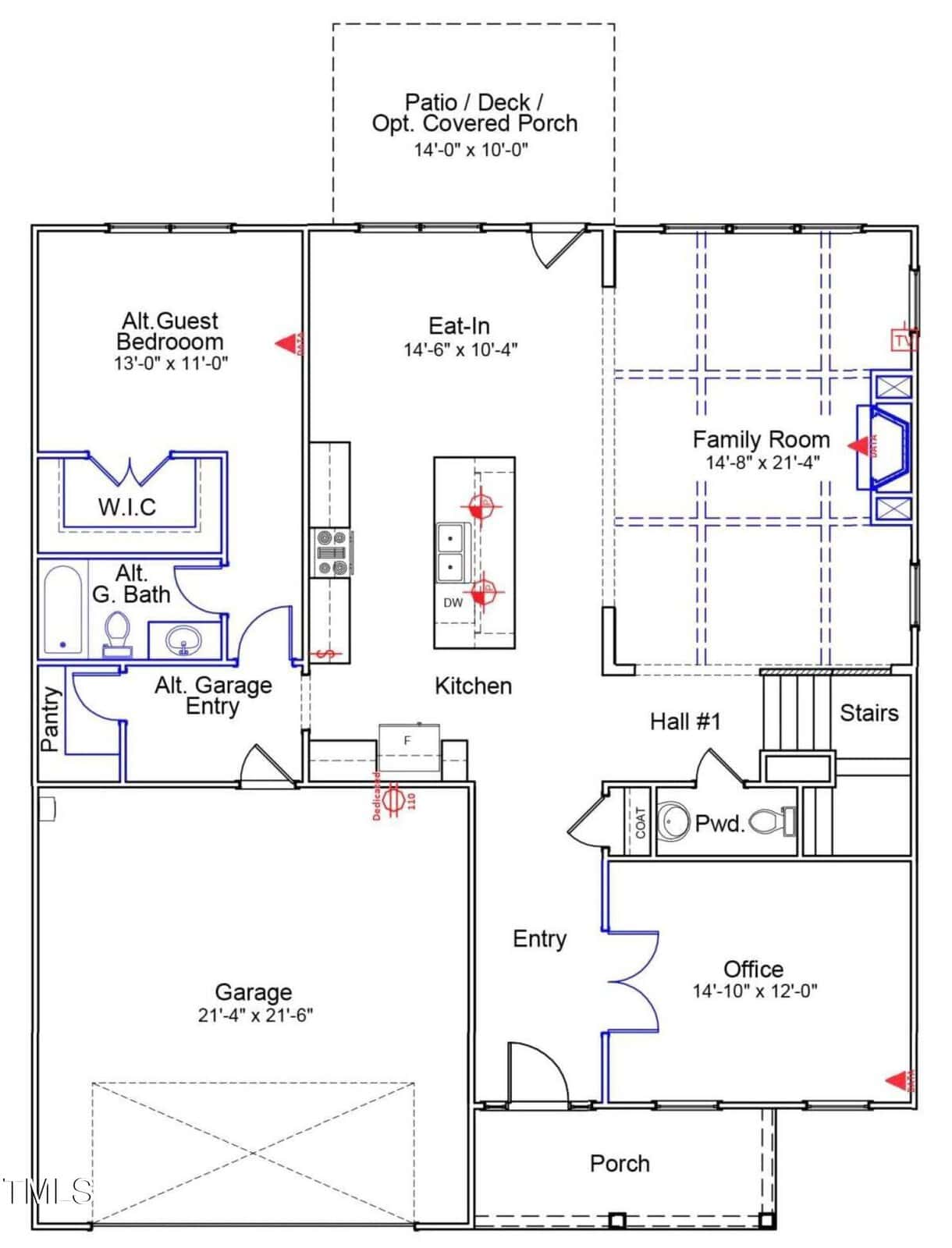 First floor house plan showing a garage, office, pantry, kitchen, family room, eat-in area, alternate guest bedroom with bath and walk-in closet, two porches, two entryways, and two powder rooms with labeled rooms and measurements.