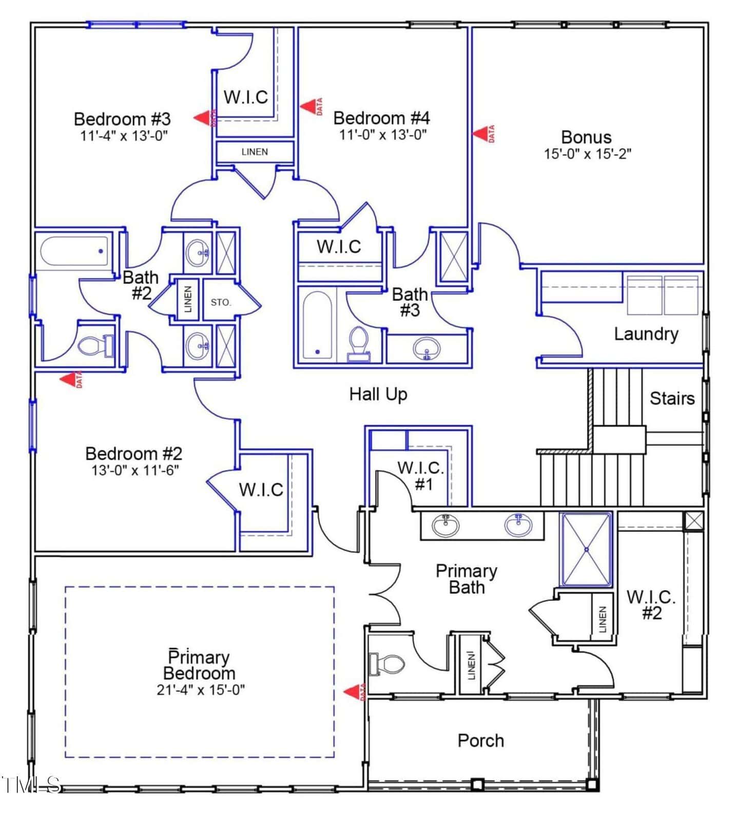 Floor plan showing five bedrooms, three bathrooms, walk-in closets, a laundry room, a porch, a bonus room, hallways, and stairs. Labels indicate room names and dimensions. Doors, windows, and fixtures are marked.