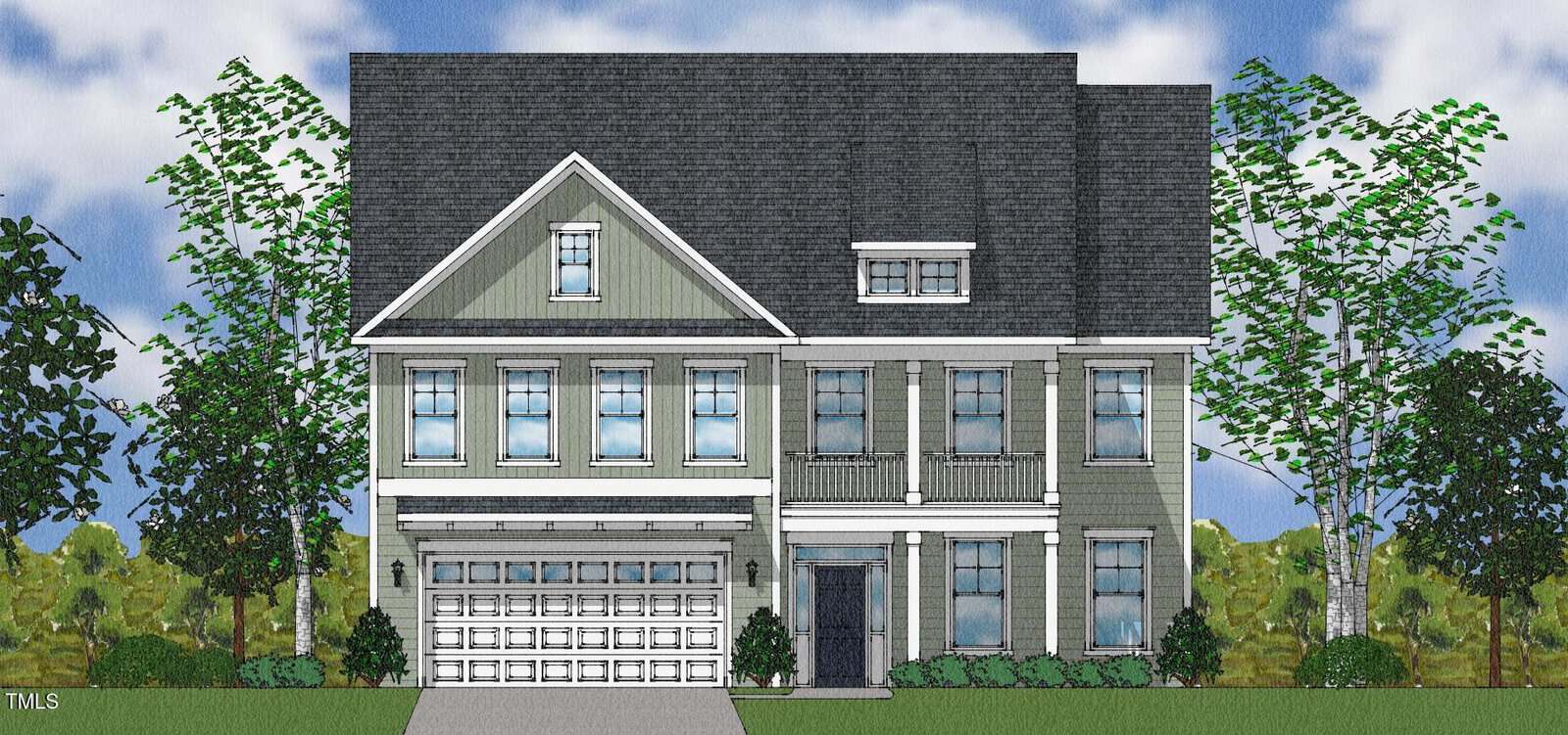 A two-story suburban house with green siding, white trim, a black front door, and a two-car garage. The house has multiple windows and is surrounded by trees and greenery under a blue sky with clouds.