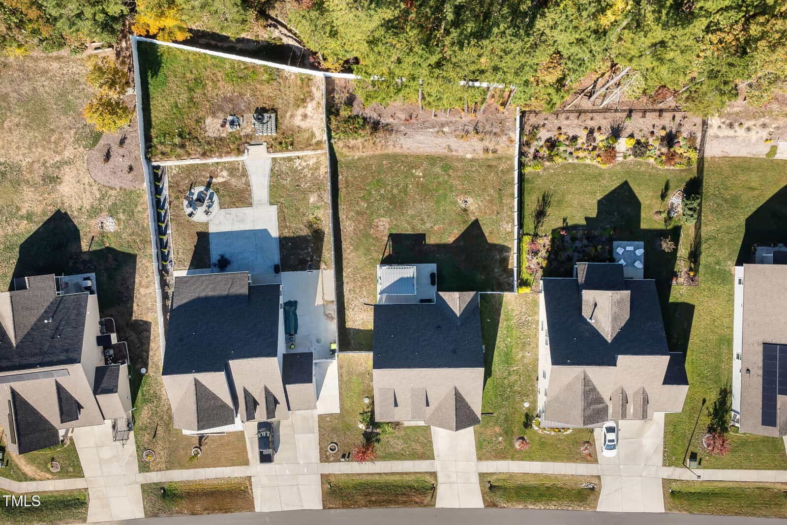 Aerial view of a suburban neighborhood with five houses. Each house has a driveway and backyard. The backyards are bordered by a line of trees, and some have patios or outdoor furniture. The scene is sunny, highlighting the green lawns and rooftops.