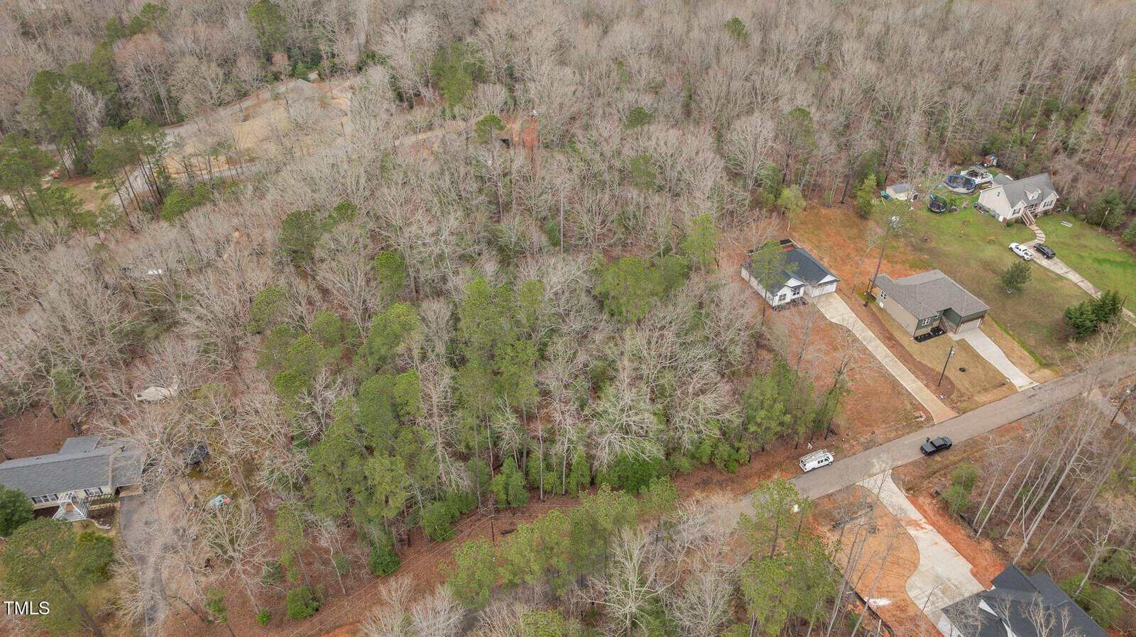 Aerial view of a wooded residential area with several houses spaced apart, a paved road running through the center, and cars parked along the road. Most trees are leafless, suggesting a winter or early spring season.