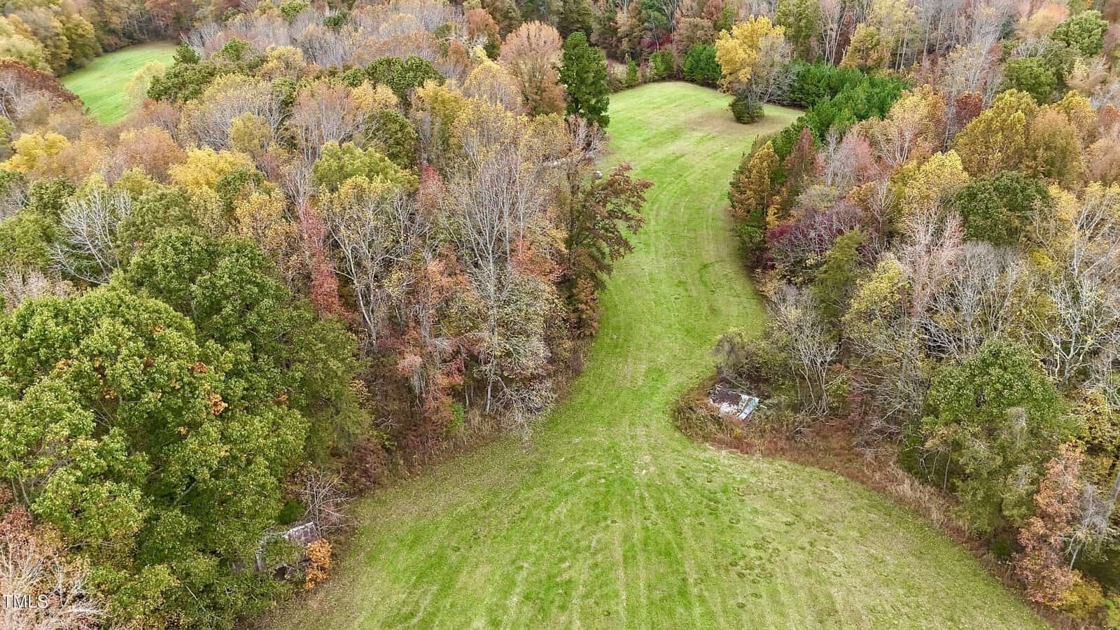 Aerial view of a grassy path winding through a forested area with trees in autumn colors, including green, yellow, and orange foliage. The scene features a mix of dense and sparse tree coverage.