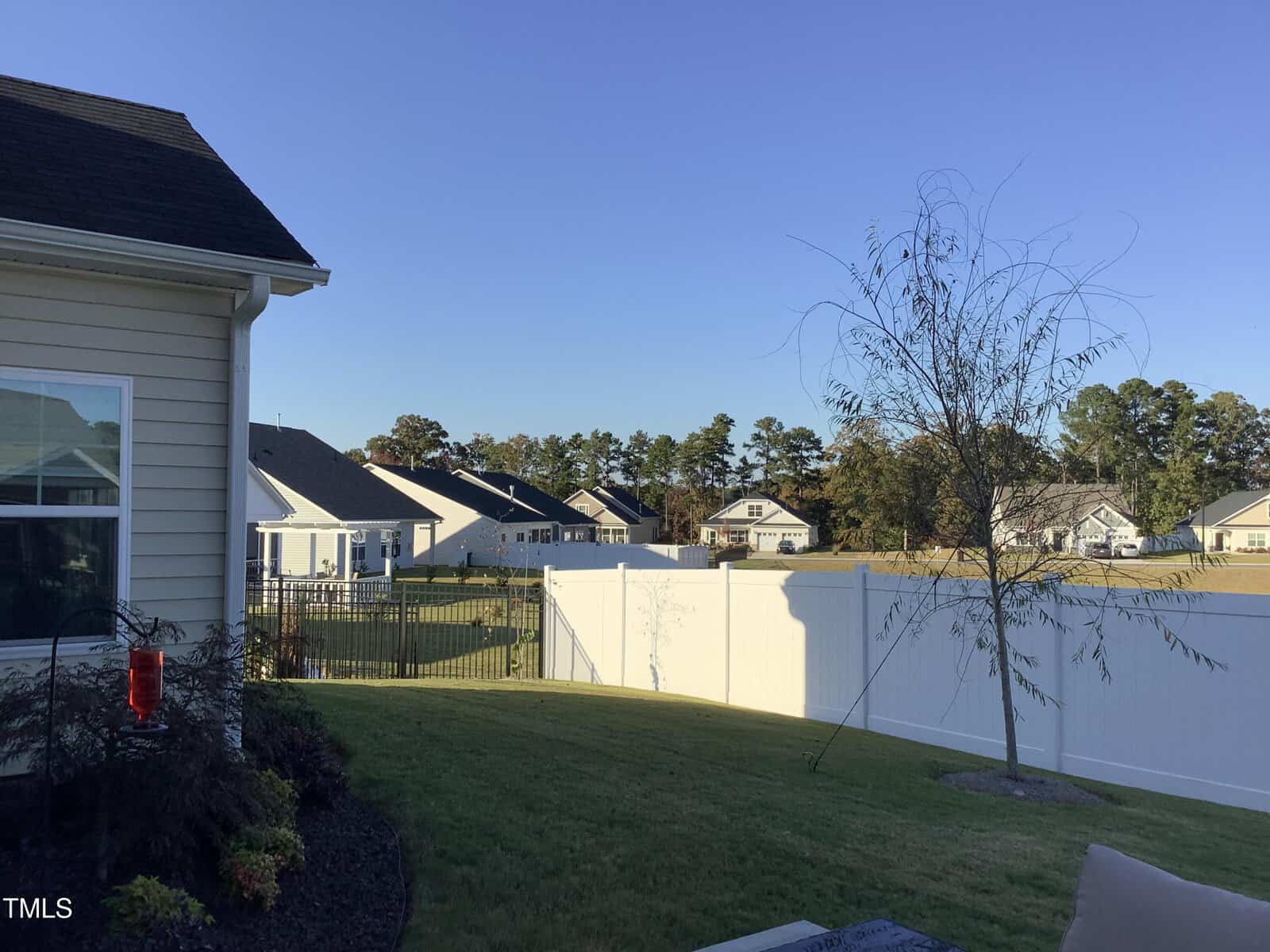 A suburban backyard with a green lawn, a small tree, a white fence, and neighboring houses in the background under a clear blue sky. Part of a beige house and some garden plants are visible on the left side.